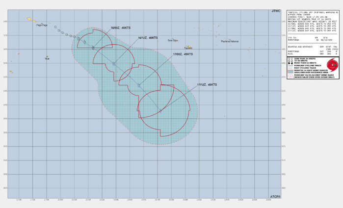 FORECAST REASONING.  SIGNIFICANT FORECAST CHANGES: THERE ARE NO SIGNIFICANT CHANGES TO THE FORECAST FROM THE PREVIOUS WARNING.  FORECAST DISCUSSION: TROPICAL CYCLONE 15P IS ACCELERATING SOUTHEASTWARD AS IT APPROACHES A FRONTAL BOUNDARY AND UPPER-LEVEL TROUGH TO THE SOUTH. THIS WILL INITIATE THE PROCESS OF EXTRATROPICAL TRANSITION IN ABOUT 12 HOURS AS VERTICAL SHEAR AND BAROCLINICITY DRAMATICALLY INCREASE. GLOBAL MODELS ARE IN GOOD AGREEMENT THAT 15P WILL BECOME A FRONTAL CYCLONE IN ABOUT 36 HOURS. THE INTENSITY FORECAST SHOWS POTENTIAL FOR A SLIGHT INCREASE IN MAXIMUM WINDS TO AROUND 45 KT DUE TO BAROCLINIC ENHANCEMENT OF THE WIND FIELD, WHICH DYNAMICAL MODELS ALSO AGREE ON. FORECAST REASONING.  SIGNIFICANT FORECAST CHANGES: THERE ARE NO SIGNIFICANT CHANGES TO THE FORECAST FROM THE PREVIOUS WARNING.  FORECAST DISCUSSION: TROPICAL CYCLONE 15P IS ACCELERATING SOUTHEASTWARD AS IT APPROACHES A FRONTAL BOUNDARY AND UPPER-LEVEL TROUGH TO THE SOUTH. THIS WILL INITIATE THE PROCESS OF EXTRATROPICAL TRANSITION IN ABOUT 12 HOURS AS VERTICAL SHEAR AND BAROCLINICITY DRAMATICALLY INCREASE. GLOBAL MODELS ARE IN GOOD AGREEMENT THAT 15P WILL BECOME A FRONTAL CYCLONE IN ABOUT 36 HOURS. THE INTENSITY FORECAST SHOWS POTENTIAL FOR A SLIGHT INCREASE IN MAXIMUM WINDS TO AROUND 45 KT DUE TO BAROCLINIC ENHANCEMENT OF THE WIND FIELD, WHICH DYNAMICAL MODELS ALSO AGREE ON.