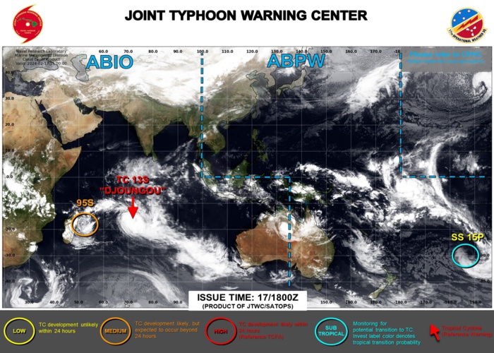 JTWC IS ISSUING 12HOURLY WARNINGS AND 3HOURLY SATELLITE BULLETINS ON TC 13S. 3HOURLY SATELLITE BULLETINS ARE ISSUED ON SUBTROPICAL 15P AND ON THE OVERLAND REMNANTS OF TC 14P. JTWC IS ISSUING 12HOURLY WARNINGS AND 3HOURLY SATELLITE BULLETINS ON TC 13S. 3HOURLY SATELLITE BULLETINS ARE ISSUED ON SUBTROPICAL 15P AND ON THE OVERLAND REMNANTS OF TC 14P.