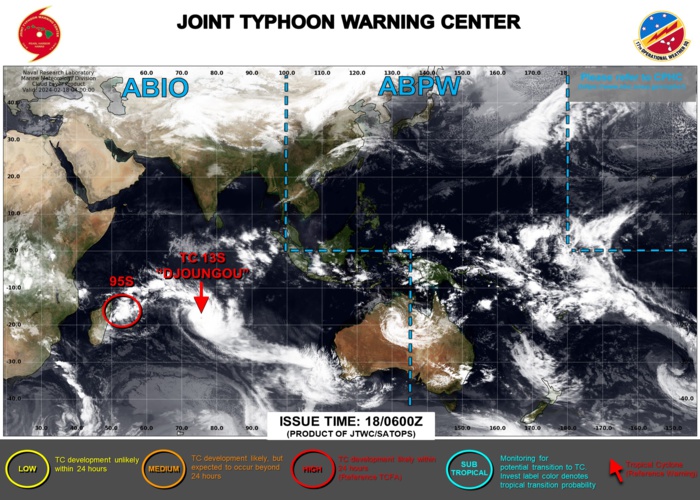 JTWC IS ISSUING 12HOURLY WARNINGS AND 3HOURLY SATELLITE BULLETINS ON TC 13S. 3HOURLY SATELLITE BULLETINS ARE ISSUED ON INVEST 95S, ON THE REMNANTS OF SUBTROPICAL 15P AND ON THE OVERLAND REMNANTS OF TC 14P. JTWC IS ISSUING 12HOURLY WARNINGS AND 3HOURLY SATELLITE BULLETINS ON TC 13S. 3HOURLY SATELLITE BULLETINS ARE ISSUED ON INVEST 95S, ON THE REMNANTS OF SUBTROPICAL 15P AND ON THE OVERLAND REMNANTS OF TC 14P.
