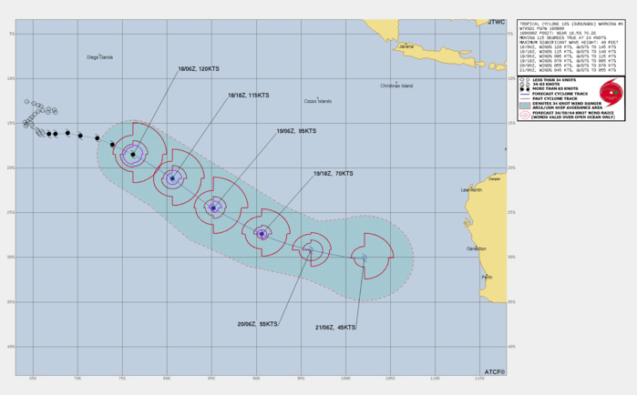 FORECAST REASONING. SIGNIFICANT FORECAST CHANGES: THERE ARE NO SIGNIFICANT CHANGES TO THE FORECAST FROM THE PREVIOUS WARNING. FORECAST DISCUSSION: TC 13S IS FORECAST TO TRACK ALONG THE SOUTHWESTERN PERIPHERY OF THE NEAR EQUATORIAL RIDGE TO THE NORTHEAST OF THE SYSTEM THROUGHOUT THE FORECAST PERIOD, STEERING THE SYSTEM SOUTHEASTWARD THROUGH TAU 48 AND THEN GRADUALLY TURNING TO AN EASTWARD TRACK BY TAU 72. IN GENERAL, THE FAVORABLE ENVIRONMENT BEGINS TO GRADUALLY BECOME UNFAVORABLE, STARTING WITH A RISE IN VWS (25-30KTS BY TAU 12). SST IS ANTICIPATED TO STEADILY DROP FROM 30C (TAU 00) TO 22C (TAU 72). UPPER LEVEL DIVERGENCE IS FORECAST TO SHARPLY CUT OFF BETWEEN TAU 36 AND TAU 48, ATTRIBUTED TO SIGNIFICANT DRY AIR ENTRAINMENT STARTING NEAR TAU 24. IN SUCH, A RAPID WEAKENING TREND IS FORECAST FROM TAU 12 TO TAU 72. THE SYSTEM IS FORECAST TO BEGIN SUBTROPICAL TRANSITION NEAR TAU 48 AND BE SUBTROPICAL BY TAU 72. FORECAST REASONING. SIGNIFICANT FORECAST CHANGES: THERE ARE NO SIGNIFICANT CHANGES TO THE FORECAST FROM THE PREVIOUS WARNING. FORECAST DISCUSSION: TC 13S IS FORECAST TO TRACK ALONG THE SOUTHWESTERN PERIPHERY OF THE NEAR EQUATORIAL RIDGE TO THE NORTHEAST OF THE SYSTEM THROUGHOUT THE FORECAST PERIOD, STEERING THE SYSTEM SOUTHEASTWARD THROUGH TAU 48 AND THEN GRADUALLY TURNING TO AN EASTWARD TRACK BY TAU 72. IN GENERAL, THE FAVORABLE ENVIRONMENT BEGINS TO GRADUALLY BECOME UNFAVORABLE, STARTING WITH A RISE IN VWS (25-30KTS BY TAU 12). SST IS ANTICIPATED TO STEADILY DROP FROM 30C (TAU 00) TO 22C (TAU 72). UPPER LEVEL DIVERGENCE IS FORECAST TO SHARPLY CUT OFF BETWEEN TAU 36 AND TAU 48, ATTRIBUTED TO SIGNIFICANT DRY AIR ENTRAINMENT STARTING NEAR TAU 24. IN SUCH, A RAPID WEAKENING TREND IS FORECAST FROM TAU 12 TO TAU 72. THE SYSTEM IS FORECAST TO BEGIN SUBTROPICAL TRANSITION NEAR TAU 48 AND BE SUBTROPICAL BY TAU 72.