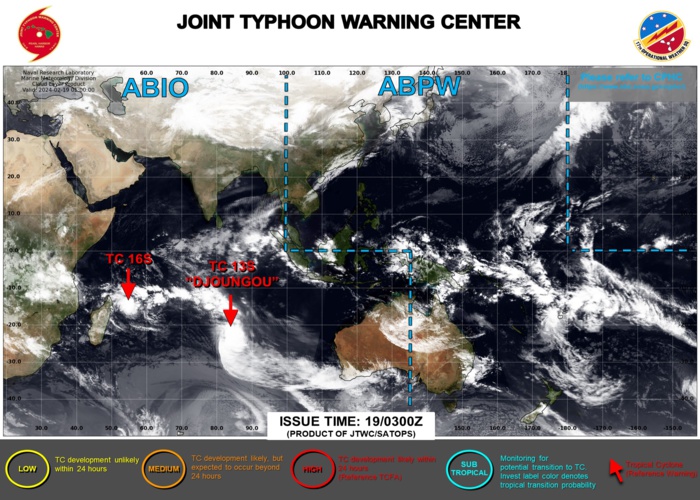 JTWC IS ISSUING 12HOURLY WARNINGS AND 3HOURLY SATELLITE BULLETINS ON TC 13S AND ON TC 16S. 3HOURLY SATELLITE BULLETINS ARE ISSUED ON THE OVERLAND REMNANTS OF TC 14P.