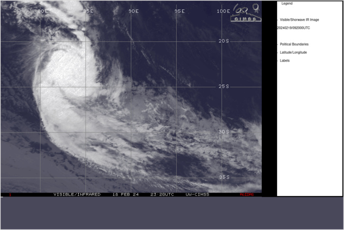 SATELLITE ANALYSIS, INITIAL POSITION AND INTENSITY DISCUSSION: ANIMATED MULTISPECTRAL SATELLITE IMAGERY (MSI) DEPICTS TROPICAL CYCLONE (TC) 13S (DJOUNGOU) EXHIBITING A RAPIDLY DETERIORATING STRUCTURE DUE TO THE INFLUENCE OF VERY STRONG (35-40 KTS) VERTICAL WIND SHEAR AND DRY AIR ENTRAINMENT OVER THE PAST TWELVE HOURS. DEEP CONVECTION PERSISTS SOUTHEAST OF THE LLCC, SHOWING THE TC VORTEX TO BE TILTED BUT STILL PROVIDING NECESSARY OUTFLOW. ENVIRONMENTAL ANALYSIS SHOWS THE TC HAS CROSSED THE 26C ISOTHERM, REMOVING NECESSARY WARM WATER INTAKE AT THE SURFACE. WITH MARGINALLY FAVORABLE DIVERGENCE BEING THE ONLY SUPPORTING ENVIRONMENTAL FACTOR FOR SUSTAINMENT, THE ENVIRONMENT IS ASSESSED AS UNFAVORABLE OVERALL. THE INITIAL POSITION IS PLACED WITH HIGH CONFIDENCE BASED ON A 190600Z GEOSTATIONARY VISIBLE SATELLITE IMAGE SHOWING A MOSTLY EXPOSED LOW LEVEL CIRCULATION CENTER. THE INITIAL INTENSITY OF 90 KTS IS ASSESSED WITH MEDIUM CONFIDENCE BASED ON THE SUBJECTIVE AND OBJECTIVE INTENSITY ESTIMATES LISTED BELOW. SATELLITE ANALYSIS, INITIAL POSITION AND INTENSITY DISCUSSION: ANIMATED MULTISPECTRAL SATELLITE IMAGERY (MSI) DEPICTS TROPICAL CYCLONE (TC) 13S (DJOUNGOU) EXHIBITING A RAPIDLY DETERIORATING STRUCTURE DUE TO THE INFLUENCE OF VERY STRONG (35-40 KTS) VERTICAL WIND SHEAR AND DRY AIR ENTRAINMENT OVER THE PAST TWELVE HOURS. DEEP CONVECTION PERSISTS SOUTHEAST OF THE LLCC, SHOWING THE TC VORTEX TO BE TILTED BUT STILL PROVIDING NECESSARY OUTFLOW. ENVIRONMENTAL ANALYSIS SHOWS THE TC HAS CROSSED THE 26C ISOTHERM, REMOVING NECESSARY WARM WATER INTAKE AT THE SURFACE. WITH MARGINALLY FAVORABLE DIVERGENCE BEING THE ONLY SUPPORTING ENVIRONMENTAL FACTOR FOR SUSTAINMENT, THE ENVIRONMENT IS ASSESSED AS UNFAVORABLE OVERALL. THE INITIAL POSITION IS PLACED WITH HIGH CONFIDENCE BASED ON A 190600Z GEOSTATIONARY VISIBLE SATELLITE IMAGE SHOWING A MOSTLY EXPOSED LOW LEVEL CIRCULATION CENTER. THE INITIAL INTENSITY OF 90 KTS IS ASSESSED WITH MEDIUM CONFIDENCE BASED ON THE SUBJECTIVE AND OBJECTIVE INTENSITY ESTIMATES LISTED BELOW.