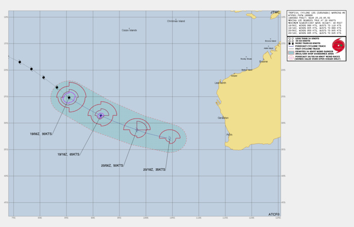 FORECAST REASONING.  SIGNIFICANT FORECAST CHANGES: THERE ARE NO SIGNIFICANT CHANGES TO THE FORECAST FROM THE PREVIOUS WARNING.  FORECAST DISCUSSION: TC 13P IS FORECAST TO TRACK GENERALLY EAST-SOUTHEASTWARD FROM TAU 00 TO TAU 36, FOLLOWING THE STEERING INFLUENCE OF A DEEP-LAYER SUBTROPICAL RIDGE ANCHORED OVER WEST-CENTRAL AUSTRALIA. WITH THE AFOREMENTIONED UNFAVORABLE ENVIRONMENT IN PLAY, INTENSITY IS FORECAST TO RAPIDLY FALL AS THE SYSTEM TRANSITIONS TO A SUBTROPICAL BY TAU 12, BECOMING EXTRATROPICAL PRIOR TO TAU 36. A MODERATE TEMPERATURE GRADIENT AND ELONGATION OF THE LLCC ALLUDE THE SUBTROPICAL TRANSITION HAS COMMENCED. NEAR TAU 12, NUMERICAL MODELS AND STATISTICAL-DYNAMICAL GUIDANCE SUGGEST DIVERGENCE ALOFT SHARPLY AND SIGNIFICANTLY DECLINES, REMOVING THE LAST FAVORABLE ENVIRONMENTAL ELEMENT SUPPORTING SUSTAINMENT OF THE SYSTEM.