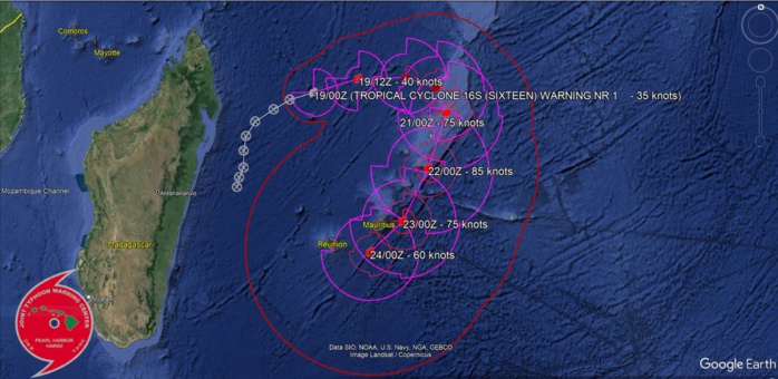 FORECAST REASONING.  SIGNIFICANT FORECAST CHANGES: THIS INITIAL PROGNOSTIC REASONING MESSAGE ESTABLISHES THE FORECAST PHILOSOPHY.  FORECAST DISCUSSION: TC 16S FORECAST TO TRACK GENERALLY EASTWARD ALONG THE SOUTHERN SIDE OF THE STRONG NER TO THE NORTH THROUGH THE FIRST 24 HOURS OF THE FORECAST. AFTER TAU 24, THE NER BEGINS TO BREAK DOWN TO THE NORTH OF THE SYSTEM, GENERATING A WEAKNESS IN THE STEERING GRADIENT. BY TAU 36, A MIGRATORY RIDGE PASSING FAR TO THE SOUTH WILL BUILD TOWARDS THE NORTHEAST, ULTIMATELY MERGING WITH AN EASTERN LOBE OF THE NER CENTERED NEAR 10S 75E, GENERATING A SOLID WALL OF RIDGING EXTENDING ALONG A SOUTHWEST-NORTHEAST AXIS FROM 10S TO 30S. TC 16S WILL NOT HAVE THE JUICE TO PUSH INTO THIS DEEP RIDGING AND INSTEAD WILL TAKE THE PATH OF LEAST RESISTANCE, AND TURN SHARPLY SOUTHWARD BETWEEN TAUS 36 AND 48. TC 16S THEN TRACKS SOUTH-SOUTHWESTWARD THROUGH TAU 96, GENERALLY TOWARDS THE MASCARENE ISLANDS, ALONG THE WEST SIDE OF A COMPLEX RIDGE PATTERN THAT DEVELOPS IN THE CENTRAL INDIAN OCEAN. BY THE END OF THE FORECAST PERIOD, A TROUGH PASSING BY TO THE SOUTH WILL ERODE THE STEERING RIDGE AND WEAKEN THE GRADIENT, LEADING TO A SLOW-DOWN IN TRACK SPEED AND A TURN MORE WESTWARD BY TAU 120. IN TERMS OF INTENSITY, THE SYSTEM WILL TAKE ADVANTAGE OF THE FAVORABLE ENVIRONMENT, BUT WILL BE RELATIVELY SLOW TO INTENSIFY FOR THE FIRST 24 HOURS AS IT CONTINUES TO CONSOLIDATE THE VORTEX. ONCE THE VORTEX IS FIRMLY ESTABLISHED, THE FORECAST CALLS FOR A MORE RAPID PACE OF INTENSIFICATION AS IT PASSES OVER VERY WARM WATERS WITH RELATIVELY HIGH OHC VALUES, AND UPPER-LEVEL OUTFLOW INCREASES. A PEAK OF 85 KNOTS IS EXPECTED BY TAU 72 BEFORE CONDITIONS BEGIN TO DETERIORATE. REDUCED OUTFLOW ACCOMPANIED BY INCREASED SHEAR AND DRY AIR ENTRAINMENT BEGIN TO TAKE THEIR TOLL AFTER TAU 72, AND TC 16S WILL STEADILY WEAKEN THROUGH THE REMAINDER OF THE FORECAST.