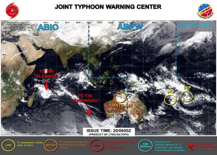 JTWC IS ISSUING 12HOURLY WARNINGS AND 3HOURLY SATELLITE BULLETINS ON TC 16S. 3HOURLY SATELLITE BULLETINS ARE ISSUED ON THE OVERLAND REMNANTS OF TC 14P. JTWC IS ISSUING 12HOURLY WARNINGS AND 3HOURLY SATELLITE BULLETINS ON TC 16S. 3HOURLY SATELLITE BULLETINS ARE ISSUED ON THE OVERLAND REMNANTS OF TC 14P.