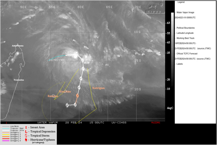 SATELLITE ANALYSIS, INITIAL POSITION AND INTENSITY DISCUSSION: ANIMATED MULTISPECTRAL SATELLITE IMAGERY (MSI) DEPICTS TROPICAL CYCLONE (TC) 16S (ELEANOR) WITH A PARTIALLY EXPOSED LOWER-LEVEL CONVECTION CENTER (LLCC) AND FLARING CONVECTION OBSCURING THE WESTERN HEMISPHERE OF THE SYSTEM. CLEAR SKIES TO THE NORTHEAST AND EAST SHOW DRY AIR ENTRAINING INTO THE SYSTEM. SEA SURFACE TEMPERATURES (SST) ARE FAVORABLE BETWEEN 28-29C. SHEAR IS MARGINAL BETWEEN 15-20KTS. THE INITIAL POSITION WAS BASED ON ANIMATED MSI AND A 202335Z SSMIS 37GHZ MICROWAVE PASS SHOWING A LOWER-LEVEL MICROWAVE EYE-LIKE STRUCTURE AT 14.8S 60.6E. THE INITIAL INTENSITY WAS BASED ON PERSISTENCE, AND THE AGENCY AND OBJECTIVE FIXES LISTED BELOW.