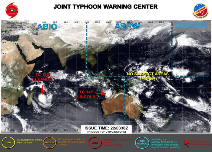JTWC IS ISSUING 6HOURLY WARNINGS AND 3HOURLY SATELLITE BULLETINS ON TC 14P(LINCOLN). JTWC IS ISSUING 12HOURLY WARNINGS AND 3HOURLY SATELLITE BULLETINS ON TC 16S(ELEANOR). JTWC IS ISSUING 6HOURLY WARNINGS AND 3HOURLY SATELLITE BULLETINS ON TC 14P(LINCOLN). JTWC IS ISSUING 12HOURLY WARNINGS AND 3HOURLY SATELLITE BULLETINS ON TC 16S(ELEANOR).