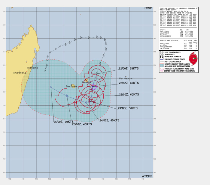 FORECAST REASONING.  SIGNIFICANT FORECAST CHANGES: THERE ARE NO SIGNIFICANT CHANGES TO THE FORECAST FROM THE PREVIOUS WARNING.  FORECAST DISCUSSION: THROUGH TAU 12, TC 16S IS FORECAST TO TRACK SOUTH-SOUTHWEST AS IT CONTINUES TO RIDE THE WESTERN PERIPHERY OF AN STR TO THE EAST BEFORE TRACKING ON A MORE SOUTHERLY ROUTE ALONG THE RIDGE THROUGH TAU 24. AROUND TAU 48, A DEEP MID-LATITUDE TROUGH MOVES IN FROM THE WEST, INDUCING SIGNIFICANT VERTICAL WIND SHEAR OF 25-30KTS, WHICH WILL SHEAR APART TC 16S, MARKING THE ONSET OF RAPID WEAKENING. AS THE SYSTEM WEAKENS, THE VORTEX WILL SHALLOW OUT, RESULTING IN THE LOWER-LEVEL FLOW BECOMING THE DOMINANT STEERING MECHANISM AND A TRACK TO THE WEST-NORTHWEST THROUGH THE END OF THE FORECAST PERIOD. THE SYSTEM IS ANTICIPATED TO INTENSIFY THROUGH TAU 12 AND PEAK AT APPROXIMATELY 65KTS AS UPPER-LEVEL POLEWARD OUTFLOW INTO A 120 KNOT JET MAX TO THE SOUTH OFFSETS STEADILY INCREASING VWS. BEYOND TAU 24, VERTICAL WIND SHEAR IS EXPECTED TO SIGNIFICANTLY INCREASE TO A STRONG 25-30KTS AND ENCOURAGE DRY AIR ENTRAINMENT AS THE SYSTEM STEADILY DRIES AND WEAKENS TO 45KTS BY TAU 48 AND REACH FULL DISSIPATION OF 30KTS AT TAU 96.