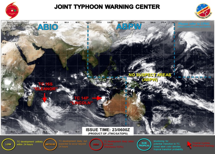 JTWC IS ISSUING 6HOURLY WARNINGS AND 3HOURLY SATELLITE BULLETINS ON TC 14P(LINCOLN). JTWC IS ISSUING 12HOURLY WARNINGS AND 3HOURLY SATELLITE BULLETINS ON TC 16S(ELEANOR). JTWC IS ISSUING 6HOURLY WARNINGS AND 3HOURLY SATELLITE BULLETINS ON TC 14P(LINCOLN). JTWC IS ISSUING 12HOURLY WARNINGS AND 3HOURLY SATELLITE BULLETINS ON TC 16S(ELEANOR).