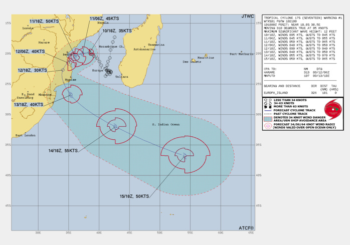 FORECAST REASONING.  SIGNIFICANT FORECAST CHANGES: THIS INITIAL PROGNOSTIC REASONING MESSAGE ESTABLISHES THE FORECAST PHILOSOPHY.  FORECAST DISCUSSION: TC 17S WILL CONTINUE WESTWARD UNDER THE STEERING INFLUENCE OF THE STR TO THE SOUTH. AFTER TAU 24, A SECONDARY STR TO THE EAST WILL BUILD AND EXTEND WEST-NORTHWESTWARD, ASSUME STEERING AND DRIVE THE SYSTEM AROUND ITS WESTERN PERIPHERY SOUTHWESTWARD, INTO LANDFALL OVER CENTRAL MOZAMBIQUE SOUTH OF BEIRA JUST BEFORE TAU 36. AFTER TAU 48, TC 17S WILL CREST THE RIDGE AXIS THEN ACCELERATE SOUTHEASTWARD. THE MARGINALLY FAVORABLE ENVIRONMENT WILL FUEL A MODEST INTENSIFICATION TO 50KTS BY TAU 24 BEFORE LANDFALL. DRY AIR INTRUSION AND FRICTIONAL EFFECTS FROM THE RUGGED MOZAMBIQUE TERRAIN WILL ERODE THE SYSTEM DOWN TO 30KTS BY TAU 48. TC 17S WILL SPLASH BACK OVER WATER IN THE SOUTH INDIAN OCEAN AROUND TAU 60. MOISTURE INFUSION AND INCREASED POLEWARD OUTFLOW WILL FUEL A SECONDARY INTENSIFICATION TO A PEAK OF 50KTS AT TAU 96. CONCURRENTLY BY TAU 72, THE SYSTEM WILL UNDERGO SUBTROPICAL TRANSITION AND BY TAU 96, WILL ENTER THE BAROCLINIC ZONE AND COMMENCE EXTRA-TROPICAL TRANSITION. BY TAU 120, TC 17S WILL TRANSFORM INTO A STORM-FORCE COLD CORE LOW WITH AN EXPANDING WIND FIELD.