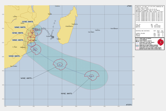 FORECAST REASONING.  SIGNIFICANT FORECAST CHANGES: THERE ARE NO SIGNIFICANT CHANGES TO THE FORECAST FROM THE PREVIOUS WARNING.  FORECAST DISCUSSION: TC 17S (FILIPO) IS FORECAST TO CONTINUE TO TRACK TOWARDS THE EAST COAST OF MOZAMBIQUE OVER THE NEXT FEW HOURS, MAKING LANDFALL BY TAU 12.  WHILE OVER LAND, THE SYSTEM IS EXPECTED TO ROUND THE PERIPHERY OF AN STR OVER THE SOUTHERN MOZAMBIQUE CHANNEL BEFORE COMING BACK OUT OVER LAND AROUND TAU 36. TC FILIPO WILL CONTINUE TO TRACK SOUTHEAST WHILE UNDERGOING A BRIEF PERIOD OF SUBTROPICAL TRANSITION (STT) BETWEEN TAU 16 AND 18 BEFORE INTERACTING WITH A STRONG JET MAXIMUM TO THE SOUTH. BY TAU 72, THE SYSTEM IS EXPECTED TO UNDERGO EXTRATROPICAL TRANSITION (ETT) BEFORE BECOMING ENTIRELY EXTRATROPICAL NO LATER THAN TAU 96, BUT MORE LIKELY CLOSER TO TAU 72. IN TERMS OF THE INTENSITY FORECAST, CONDITIONS REMAIN FAVORABLE IN THE SHORT TIME BEFORE LANDFALL, SO A SMALL AMOUNT OF ADDITIONAL INTENSIFICATION IS POSSIBLE PRIOR TO LANDFALL, WHICH IS NOT CAPTURED IN THE SPECIFIC FORECAST POINT. AFTER LANDFALL, THE SYSTEM IS EXPECTED TO WEAKEN  OVER THE NEXT 12-36 HOURS DUE TO INTERACTION WITH TERRAIN. ONCE THE SYSTEM MOVES BACK OVER WATER, IT IS EXPECTED TO QUICKLY RECONSOLIDATE AND  REINTENSIFY. VERTICAL WIND SHEAR IS EXPECTED TO INCREASE SIGNIFICANTLY BY TAU 48 AS THE SYSTEM BECOMES UNDER THE INFLUENCE OF STRONGER WESTERLY FLOW, BUT THIS WILL BE OFFSET BY ROBUST OUTFLOW INTO A 180 KNOT JET MAX TO THE SOUTH. AS A RESULT, THE SYSTEM IS EXPECTED TO RAPIDLY INTENSIFY UP TO A PEAK OF AT LEAST 65KTS BEFORE EXPERIENCING SIGNIFICANT SHEAR ABOVE 50 KNOTS AFTER TAU 72, WHICH WILL QUICKLY SHEAR THE SYSTEM APART AS IT UNDERGOES ETT.