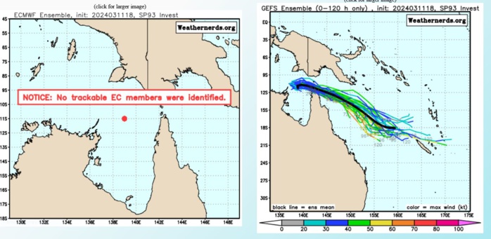 GLOBAL MODELS ARE IN GOOD AGREEMENT THAT  93P WILL STEADILY DEEPEN AS IT DEVELOPS UNDER FAVORABLE CONDITIONS.  GLOBAL MODELS HAVE 93P ADVANCING EAST-SOUTHEAST WITHIN THE NEXT 24 HOURS,  BRIEFLY TRACKING OVER LAND, THEN REINTENSIFIES AS IT MAINTAINS AN EAST- SOUTHEASTWARD TRACK INTO THE CORAL SEA OVER THE NEXT 36 HOURS. GLOBAL MODELS ARE IN GOOD AGREEMENT THAT  93P WILL STEADILY DEEPEN AS IT DEVELOPS UNDER FAVORABLE CONDITIONS.  GLOBAL MODELS HAVE 93P ADVANCING EAST-SOUTHEAST WITHIN THE NEXT 24 HOURS,  BRIEFLY TRACKING OVER LAND, THEN REINTENSIFIES AS IT MAINTAINS AN EAST- SOUTHEASTWARD TRACK INTO THE CORAL SEA OVER THE NEXT 36 HOURS.
