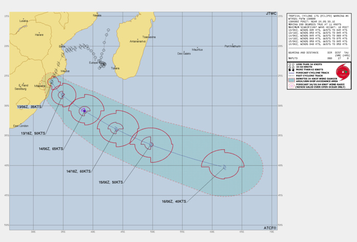 FORECAST REASONING.  SIGNIFICANT FORECAST CHANGES: THERE ARE NO SIGNIFICANT CHANGES TO THE FORECAST FROM THE PREVIOUS WARNING.  FORECAST DISCUSSION: TC 17S IS CURRENTLY TRACKING SOUTH-SOUTHWESTWARD ALONG THE WESTERN PERIPHERY OF A STR TO THE EAST. TC 17S IS FORECAST TO MAKE A SOUTHEASTWARD TURN WITHIN THE NEXT 6 HOURS AS THE STR PROPAGATES EASTWARD. THE SYSTEM WILL CONTINUE TRACKING ALONG WESTERN PERIPHERY OF THE STR AND INCREASE  TRACK SPEED AS IT MAKES ITS WAY INTO THE BAROCLINIC ZONE AND  INTERACTS WITH THE UPPER-LEVEL JET TO THE SOUTH. NEAR TAU 24, TC 17S  IS FORECAST TO BEGIN SUBTROPICAL TRANSITION AND COMPLETE SUBTROPICAL  TRANSITION BY TAU 36. AFTER A SUSTAINED SUBTROPICAL PERIOD (TAU 36 TO  TAU 60) HAVING FEATURES OF BOTH TROPICAL AND EXTRATROPICAL SYSTEMS,  THE SYSTEM IS FORECAST TO COMPLETE EXTRATROPICAL TRANSITION BY TAU  72. THE FORECASTED RISE TO PEAK INTENSITY OF 65 KTS AT TAU 24 IS  PRIMARILY DUE TO THE INCREASED OUTFLOW ALOFT CAUSED BY THE TC  POSITION RELATIVE TO THE UPPER-LEVEL MIDLATITUDE JET. FOLLOWING A  PERIOD OF INTENSIFICATION TO TAU 24, VWS IS ANTICIPATED TO SHARPLY  RISE AND INITIATE AN INTENSITY DOWNTREND.