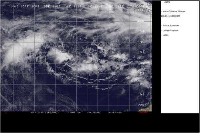SATELLITE ANALYSIS, INITIAL POSITION AND INTENSITY DISCUSSION: ANIMATED ENHANCED INFRARED IMAGERY (EIR) DEPICTS TROPICAL CYCLONE (TC) 18S (EIGHTEEN) WITH A PARTIALLY EXPOSED AND INCREASINGLY DISORGANIZED LOW-LEVEL CIRCULATION CENTER. DUE TO HIGH EASTERLY SHEAR OVER THE SYSTEM, A WESTWARD TILTING VORTEX AND INTERMITTENT BURSTS OF CONVECTION INDICATE THE SYSTEM IS STRUGGLING TO TAP INTO GOOD OUTFLOW ALOFT. ENVIRONMENTAL ANALYSIS INDICATES THAT 18S IS IN A MARGINAL ENVIRONMENT FOR FURTHER INTENSIFICATION WITH WEAK TO MODERATE POLEWARD OUTFLOW ALOFT, HIGH (25-30 KTS) VERTICAL WIND SHEAR, OFFSET BY WARM (29-30 C) SEA SURFACE TEMPERATURES. THE INITIAL POSITION IS PLACED WITH LOW CONFIDENCE BASED ON A 131200Z HIMAWARI-9 EIR IMAGE. THE INITIAL INTENSITY IS ALSO PLACED WITH LOW CONFIDENCE BASED ON THE OBJECTIVE AND SUBJECTIVE INTENSITY ESTIMATES. SATELLITE ANALYSIS, INITIAL POSITION AND INTENSITY DISCUSSION: ANIMATED ENHANCED INFRARED IMAGERY (EIR) DEPICTS TROPICAL CYCLONE (TC) 18S (EIGHTEEN) WITH A PARTIALLY EXPOSED AND INCREASINGLY DISORGANIZED LOW-LEVEL CIRCULATION CENTER. DUE TO HIGH EASTERLY SHEAR OVER THE SYSTEM, A WESTWARD TILTING VORTEX AND INTERMITTENT BURSTS OF CONVECTION INDICATE THE SYSTEM IS STRUGGLING TO TAP INTO GOOD OUTFLOW ALOFT. ENVIRONMENTAL ANALYSIS INDICATES THAT 18S IS IN A MARGINAL ENVIRONMENT FOR FURTHER INTENSIFICATION WITH WEAK TO MODERATE POLEWARD OUTFLOW ALOFT, HIGH (25-30 KTS) VERTICAL WIND SHEAR, OFFSET BY WARM (29-30 C) SEA SURFACE TEMPERATURES. THE INITIAL POSITION IS PLACED WITH LOW CONFIDENCE BASED ON A 131200Z HIMAWARI-9 EIR IMAGE. THE INITIAL INTENSITY IS ALSO PLACED WITH LOW CONFIDENCE BASED ON THE OBJECTIVE AND SUBJECTIVE INTENSITY ESTIMATES.