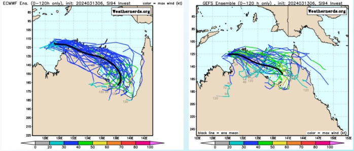 NUMERICAL MODELS HAVE 93P ADVANCING  EAST-SOUTHEAST OVER THE NEXT 24 HOURS, BRIEFLY TRACKING OVER LAND, THEN  FURTHER DECAYING AS IT MAINTAINS AN EAST-SOUTHEASTWARD TRACK.  ENSEMBLES  ARE IN DISAGREEMENT WHEN IT COMES TO INTENSITY WITH GEFS DISPLAYING  MULTIPLE MEMBERS INTENSIFYING THE CIRCULATION WHEREAS ECENS MEMBERS ARE  ON A SIMILAR TRACK BUT DO NOT REACH TC INTENSITY IN RECENT MODEL RUNS.