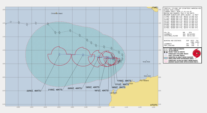 FORECAST REASONING.  SIGNIFICANT FORECAST CHANGES: THERE ARE NO SIGNIFICANT CHANGES TO THE FORECAST FROM THE PREVIOUS WARNING.  FORECAST DISCUSSION: TC 18S IS FORECAST TO REMAIN IN A QS STATE FOR THE NEXT 48 HOURS BEFORE BEING DRIVEN WESTWARD BY A BUILDING NER TO THE SOUTHEAST OVER CONTINENTIAL AUSTRALIA. AS THE SYSTEM PICKS UP TRACK SPEED BY TAU 72, THE SYSTEM IS EXPECTED TO REACH 8KTS BY THE END OF THE FORECAST PERIOD. TC 18S IS FORECAST TO STRUGGLE TO INTENSIFY IN THE NEAR-TERM AND REMAIN ALMOST STAGNANT FOR THE FIRST 24 HOURS. AS THE SYSTEM MOVES AWAY FROM THE REGION BETWEEN TAU 48-72, VWS SHOULD REMAIN FAVORABLE ALLOWING FOR SLOW INTENSIFICATION DESPITE CONTINUING INTO A REGION OF RELATIVELY COOLER WATERS AND LOWER OCEAN HEAT CONTENT. BY THE END OF THE FORECAST PERIOD, THE SYSTEM IS EXPECTED TO INCREASE TO A PEAK OF 45KTS AS THE ENVIRONMENT IMPROVES.