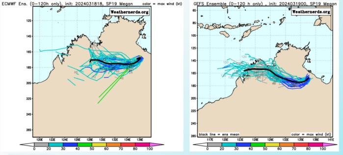 Remnants of TC 18S likely to re-develop within 48H//Over-land remnants of TC 19P(MEGAN)// 10 Day ECMWF Storm Tracks//1906utc