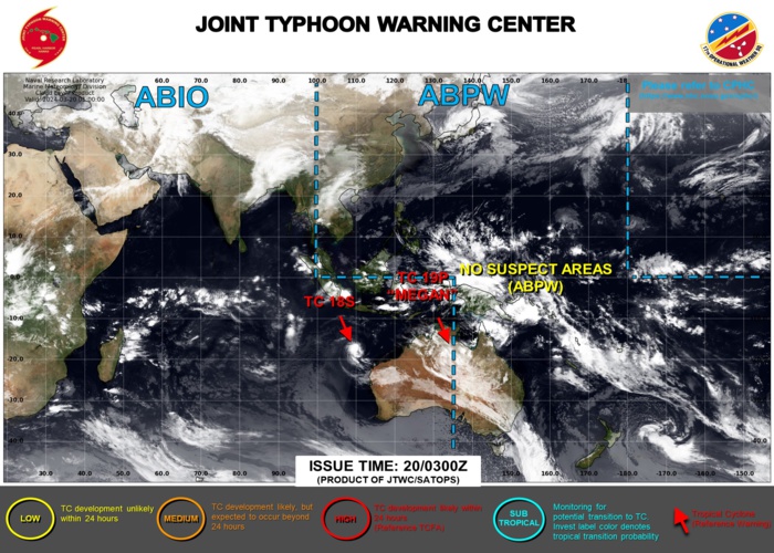 JTWC IS ISSUING 6HOURLY WARNINGS AND 3HOURLY SATELLITE BULLETINS ON TC 18S. 3 HOURLY SATELLITE BULLETINS ARE STILL ISSUED ON THE OVER-LAND REMNANTS OF TC 19P JTWC IS ISSUING 6HOURLY WARNINGS AND 3HOURLY SATELLITE BULLETINS ON TC 18S. 3 HOURLY SATELLITE BULLETINS ARE STILL ISSUED ON THE OVER-LAND REMNANTS OF TC 19P