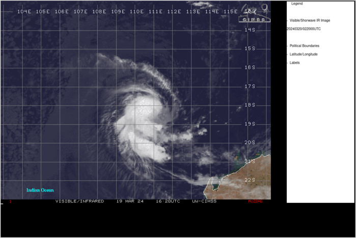 SATELLITE ANALYSIS, INITIAL POSITION AND INTENSITY DISCUSSION: ANIMATED MULTISPECTRAL SATELLITE IMAGERY (MSI) DEPICTS REDEVELOPMENT OF WELL DEFINED SPIRAL BANDING WRAPPING INTO A CONSOLIDATING MASS OF DEEP CONVECTION, WITH HOT TOWERS CONCENTRATING OVER THE SUSPECTED AREA OF THE LOW LEVEL CIRCULATION CENTER (LLCC). THE BYU HIGH RESOLUTION ENHANCEMENT OF THE 191426Z ASCAT-C PASS INDICATED 30 KT MAXIMUM WINDS, HOWEVER, THE WESTERN PERIPHERY WAS NOT COMPLETELY IN THE FOOTPRINT. A 191814Z AMSR2 37V PASS REVEALED A WELL DEFINED LOW LEVEL CENTER FEATURE, WITH GENERALLY SYMMETRIC BANDING. COMPARISON WITH THE 89 GHZ CHANNEL INDICATES THERE IS A NORTH-SOUTH TILT IN THE VORTEX, HOWEVER, THE DEGREE OF TILT HAS BEEN GRADUALLY DECREASING. COMBINED WITH THE IMPROVED CONVECTIVE CORE IN THE MSI, VERTICAL WIND SHEAR (VWS) IS ASSESSED TO BE DECREASING, OR TC 18S IS BEGINNING TO SUCCESSFULLY PUSH BACK AGAINST THE ENVIRONMENTAL SHEAR. A RARE SUBSEQUENT STRING OF GOOD-COVERAGE SSMIS AND COWVR PASSES PROVIDES A TIME SERIES OF DEVELOPMENT AND LENDS GOOD CONFIDENCE TO THE INITIAL POSITION. THE INITIAL INTENSITY WAS ASSESSED AT 35 KTS, BASED ON DVORAK T2.5 FINAL-T ESTIMATES FROM ALL REPORTING AGENCIES, AND IS SUPPORTED BY CIMSS ADT, AIDT, AND DPRINT. POLEWARD OUTFLOW IS BEING MODERATELY ENHANCED BY A JET TO THE SOUTHEAST, AND SSTS ARE A FAVORABLE 27 TO 28 DEGREES CELSIUS. THE PRIMARY LIMITING FACTOR AT THIS TIME IS THE LACK OF A SOURCE OF MID-LEVEL MOISTURE. GFS AND ECMWF ANALYSES INDICATES TC 18S IS NEARLY SURROUNDED BY DRY AIR, HOWEVER, A POCKET OF DEEP CENTRAL MOISTURE IS PREVENTING DRIER AIR FROM PENETRATING THE CORE. SATELLITE ANALYSIS, INITIAL POSITION AND INTENSITY DISCUSSION: ANIMATED MULTISPECTRAL SATELLITE IMAGERY (MSI) DEPICTS REDEVELOPMENT OF WELL DEFINED SPIRAL BANDING WRAPPING INTO A CONSOLIDATING MASS OF DEEP CONVECTION, WITH HOT TOWERS CONCENTRATING OVER THE SUSPECTED AREA OF THE LOW LEVEL CIRCULATION CENTER (LLCC). THE BYU HIGH RESOLUTION ENHANCEMENT OF THE 191426Z ASCAT-C PASS INDICATED 30 KT MAXIMUM WINDS, HOWEVER, THE WESTERN PERIPHERY WAS NOT COMPLETELY IN THE FOOTPRINT. A 191814Z AMSR2 37V PASS REVEALED A WELL DEFINED LOW LEVEL CENTER FEATURE, WITH GENERALLY SYMMETRIC BANDING. COMPARISON WITH THE 89 GHZ CHANNEL INDICATES THERE IS A NORTH-SOUTH TILT IN THE VORTEX, HOWEVER, THE DEGREE OF TILT HAS BEEN GRADUALLY DECREASING. COMBINED WITH THE IMPROVED CONVECTIVE CORE IN THE MSI, VERTICAL WIND SHEAR (VWS) IS ASSESSED TO BE DECREASING, OR TC 18S IS BEGINNING TO SUCCESSFULLY PUSH BACK AGAINST THE ENVIRONMENTAL SHEAR. A RARE SUBSEQUENT STRING OF GOOD-COVERAGE SSMIS AND COWVR PASSES PROVIDES A TIME SERIES OF DEVELOPMENT AND LENDS GOOD CONFIDENCE TO THE INITIAL POSITION. THE INITIAL INTENSITY WAS ASSESSED AT 35 KTS, BASED ON DVORAK T2.5 FINAL-T ESTIMATES FROM ALL REPORTING AGENCIES, AND IS SUPPORTED BY CIMSS ADT, AIDT, AND DPRINT. POLEWARD OUTFLOW IS BEING MODERATELY ENHANCED BY A JET TO THE SOUTHEAST, AND SSTS ARE A FAVORABLE 27 TO 28 DEGREES CELSIUS. THE PRIMARY LIMITING FACTOR AT THIS TIME IS THE LACK OF A SOURCE OF MID-LEVEL MOISTURE. GFS AND ECMWF ANALYSES INDICATES TC 18S IS NEARLY SURROUNDED BY DRY AIR, HOWEVER, A POCKET OF DEEP CENTRAL MOISTURE IS PREVENTING DRIER AIR FROM PENETRATING THE CORE.