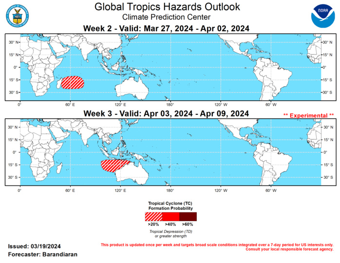 GTH Outlook Discussion Last Updated - 03/19/24 Valid - 03/27/24 - 04/09/24 A robust MJO event continues to unfold, with the enhanced convective phase now crossing the Western Pacific. During the past week or so, widespread enhanced convection overspread the eastern Indian Ocean and western Maritime Continent, which is a departure from the weakening ENSO base state. Dynamical models are in good agreement with tight ensemble clustering that strong MJO activity continues to propagate eastward from the Western Pacific and into Western Hemisphere over the next two weeks, though it should be noted that the forecasted phase speed is on the fast end of the MJO frequency range . As the suppressed phase of the MJO is moving into the Maritime Continent, this tends to suppress tropical cyclone (TC) activity in the Australia and South Pacific regions, which have been active recently.  One TC formed over the last week. On March 15 TC Megan formed in the Gulf of Carpentaria. It intensified quickly, reaching category 3 strength, and came ashore into northern Australia on March 18. The Joint Typhoon Warning Center (JTWC) expects Megan to dissipate in the next day or so, but indicate that the system will be closely monitored for signs of regeneration.  Consensus among the model ensembles depicts the MJO in phases 8 and 1 during week-2, which would slightly favor TC genesis in the southwest Indian Ocean. This is also supported by the ECMWF extended range TC genesis forecast, so a slight risk (&gt;20% probability) for TC genesis is posted east of Madagascar. The MJO in phase 8 or 1 tends to suppress TC activity for the Australia and South Pacific regions, which have been quite active lately. Model solutions diverge by week-3 but generally still indicate eastward propagation of the MJO signal into the Indian Ocean, which would once again begin to favor TC genesis off the northwest coast of Australia for week-3.