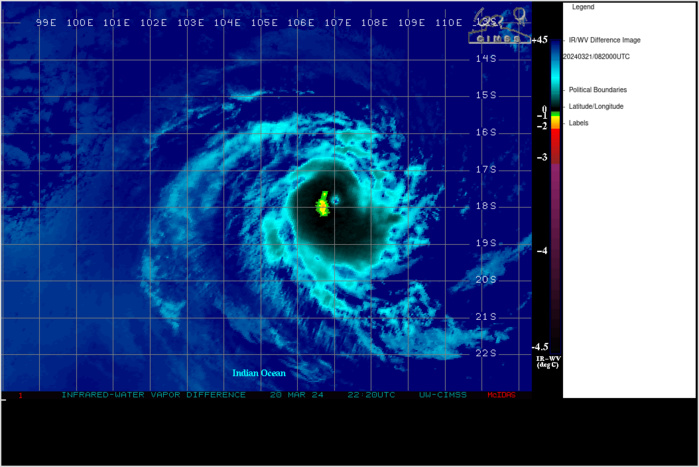 SATELLITE ANALYSIS, INITIAL POSITION AND INTENSITY DISCUSSION: ANIMATED MULTISPECTRAL SATELLITE IMAGERY DEPICTS TROPICAL CYCLONE (TC) 18S WITH PERSISTENT DEEP CONVECTION OVER ASSESSED LOW-LEVEL  CIRCULATION CENTER (LLCC) ALONG WITH A DIMPLED RAGGED EYE FEATURE AND  WELL-DEFINED CONVECTIVE BANDING WRAPPING INTO THE SYSTEM. THE CURRENT  ENVIRONMENT IS ASSESSED AS FAVORABLE CHARACTERIZED BY MODERATE RADIAL  OUTFLOW ALOFT, LOW (0-5 KTS) VERTICAL WIND SHEAR (VWS), AND WARM (27- 28 C) SEA SURFACE TEMPERATURES. MODELS SUGGEST THAT THE CORE OF THE  VORTEX HAS REMAINED MOIST AND IS SUCCESSFULLY RESISTING DRY AIR  ENTRAINMENT. THE INITIAL POSITION IS PLACED WITH HIGH CONFIDENCE  BASED ON A 210600Z HIMAWARI-9 VISIBLE (1KM) SATELLITE IMAGE. THE  INITIAL INTENSITY IS ASSESSED WITH MEDIUM CONFIDENCE BASED ON THE SUBJECTIVE AND OBJECTIVE INTENSITY ESTIMATES LISTED BELOW.