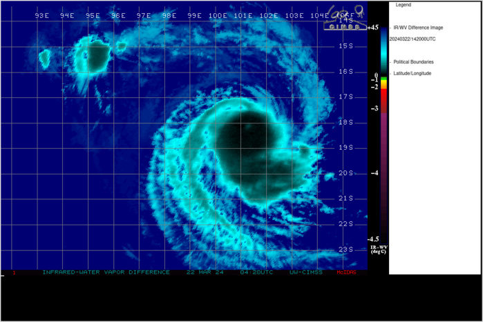SATELLITE ANALYSIS, INITIAL POSITION AND INTENSITY DISCUSSION: ANIMATED ENHANCED INFRARED SATELLITE IMAGERY (EIR) DEPICTS TROPICAL CYCLONE (TC) 18S (NEVILLE) WITH A DEGRADING RAGGED-EYE THAT HAS NEARLY FILLED AS THE SYSTEM WEAKENS. THE CURRENT ENVIRONMENT IS ASSESSED AS MARGINALLY UNFAVORABLE CHARACTERIZED BY MODERATE POLEWARD OUTFLOW ALOFT AND WARM (27-28 C) SEA SURFACE TEMPERATURES GREATLY OFFSET BY MODERATE TO HIGH (20-25 KTS) VERTICAL WIND SHEAR (VWS) AND DRY AIR BEGINNING TO ENTRAIN INTO THE SYSTEM. THE INITIAL POSITION IS PLACED WITH HIGH CONFIDENCE BASED ON A 221200Z HIMAWARI-9 INFRARED SATELLITE IMAGE. THE INITIAL INTENSITY OF 90 KTS IS ASSESSED WITH MEDIUM CONFIDENCE BASED ON OBJECTIVE AND SUBJECTIVE INTENSITY ESTIMATES LISTED BELOW. THE CURRENT INTENSITY (CI) DVORAK ESTIMATES ARE ASSESSED AS POTENTIALLY TOO HIGH DUE TO THE COMPACT NATURE AND SIZE OF THE SYSTEM. FINAL-T NUMBERS RANGING FROM 4.5-5.0 ARE ASSESSED TO BE MORE REPRESENTATIVE AND WERE LEVIED MORE WHEN DETERMINING SYSTEM INTENSITY. SATELLITE ANALYSIS, INITIAL POSITION AND INTENSITY DISCUSSION: ANIMATED ENHANCED INFRARED SATELLITE IMAGERY (EIR) DEPICTS TROPICAL CYCLONE (TC) 18S (NEVILLE) WITH A DEGRADING RAGGED-EYE THAT HAS NEARLY FILLED AS THE SYSTEM WEAKENS. THE CURRENT ENVIRONMENT IS ASSESSED AS MARGINALLY UNFAVORABLE CHARACTERIZED BY MODERATE POLEWARD OUTFLOW ALOFT AND WARM (27-28 C) SEA SURFACE TEMPERATURES GREATLY OFFSET BY MODERATE TO HIGH (20-25 KTS) VERTICAL WIND SHEAR (VWS) AND DRY AIR BEGINNING TO ENTRAIN INTO THE SYSTEM. THE INITIAL POSITION IS PLACED WITH HIGH CONFIDENCE BASED ON A 221200Z HIMAWARI-9 INFRARED SATELLITE IMAGE. THE INITIAL INTENSITY OF 90 KTS IS ASSESSED WITH MEDIUM CONFIDENCE BASED ON OBJECTIVE AND SUBJECTIVE INTENSITY ESTIMATES LISTED BELOW. THE CURRENT INTENSITY (CI) DVORAK ESTIMATES ARE ASSESSED AS POTENTIALLY TOO HIGH DUE TO THE COMPACT NATURE AND SIZE OF THE SYSTEM. FINAL-T NUMBERS RANGING FROM 4.5-5.0 ARE ASSESSED TO BE MORE REPRESENTATIVE AND WERE LEVIED MORE WHEN DETERMINING SYSTEM INTENSITY.