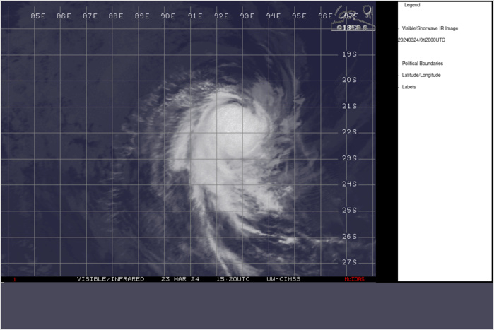 SATELLITE ANALYSIS, INITIAL POSITION AND INTENSITY DISCUSSION: ANIMATED ENHANCED INFRARED SATELLITE IMAGERY (EIR) SHOWS A RAPIDLY DECAYING SYSTEM WITH THE CENTRAL CONVECTION SHEARED SOUTHWARD OF THE LOW LEVEL CIRCULATION (LLC), AND ITS UNRAVELING CONVECTIVE CLOUD TOPS HAVE WARMED SIGNIFICANTLY. THE EIR LOOP ALSO SHOWS COLD AIR  STRATOCUMULUS CLOUD LINES CONTINUE TO INTRUDE AND WRAP TOWARD THE LLC.  THE INITIAL POSITION IS PLACED WITH HIGH CONFIDENCE BASED ON A DEFINED  MICROWAVE LLC IN THE 232336Z SSMIS IMAGE SUITE. THE INITIAL POSITION IS  ALSO PLACED WITH HIGH CONFIDENCE BASED ON OVERALL ASSESSMENT OF AGENCY  AND OBJECTIVE DVORAK ESTIMATES AND REFLECT THE RAPID DECAY. ANALYSIS  INDICATES THE ENVIRONMENT HAS BECOME HIGHLY UNFAVORABLE MAINLY DUE TO  THE COMBINED EFFECTS OF STRONG VWS, LOW LEVEL COLD AIR INTRUSION, AND  COOLING SST.