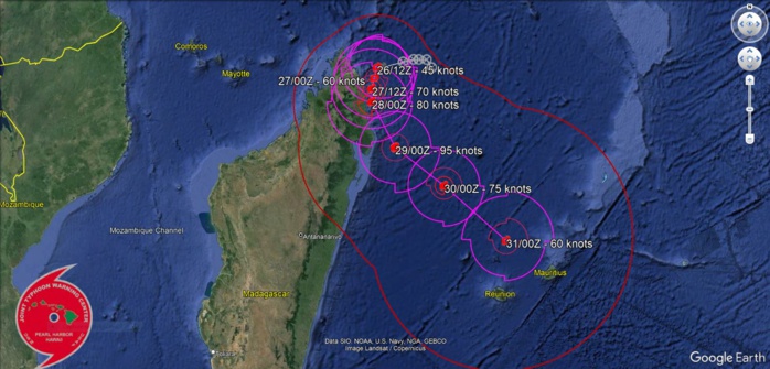 FORECAST REASONING.  SIGNIFICANT FORECAST CHANGES: THIS INITIAL PROGNOSTIC REASONING MESSAGE ESTABLISHES THE FORECAST PHILOSOPHY.  FORECAST DISCUSSION: TC 20S IS FORECAST TO REMAIN QS FOR THE NEXT 12 HOURS BEFORE BEGINNING TO SLOWLY CURVE TO THE SOUTH-SOUTHWEST AS IT ROUNDS THE WESTERN PERIPHERY OF THE NER TO THE EAST. FROM TAU 48-120, THE SYSTEM BEGINS TO CHANGE DIRECTION TO THE SOUTHEAST ON THE WESTERN PERIPHERY OF THE NER WHICH GRADUALLY MOVES EAST. AS THE SYSTEM TRAVELS SOUTH, IT IS EXPECTED TO BEGIN SUBTROPICAL TRANSITION AT TAU 120 DUE TO COOLER SSTS, INCREASED VWS, AND CLOSE PROXIMITY TO THE JET MAXIMUM. IN THE INTENSITY FORECAST, THERE IS A MODERATE LIKELIHOOD OF RAPID INTENSIFICATION (RI) TO 95KTS BETWEEN TAU 60-72 DUE TO CONSISTENTLY LOW VWS, STRONG DIVERGENCE ALOFT, AND FAVORABLE SSTS THROUGH TAU 60. THE PRIMARY MITIGATING FACTOR TO EVEN MORE SIGNIFICANT INTENSIFICATION IS THE PROXIMITY TO LAND OVER THE FIRST 36 HOURS, WHICH HAS THE POTENTIAL TO INTRODUCE DRY AIR FROM THE MOUNTAINOUS TERRAIN OF NORTHERN MADAGASCAR AND FRICTION FROM TOPOGRAPHY. AN INCREASE IN VWS TO 20-25KTS FROM TAU 72-120 IS EXPECTED TO CAUSE THE VORTEX TO SHALLOW AND BECOME EMBEDDED INTO A JET MAXIMUM AS THE SYSTEM TRAVELS SOUTH, DRASTICALLY REDUCING OUTFLOW AND ALLOWING FOR THE SYSTEM TO WEAKEN GRADUALLY.