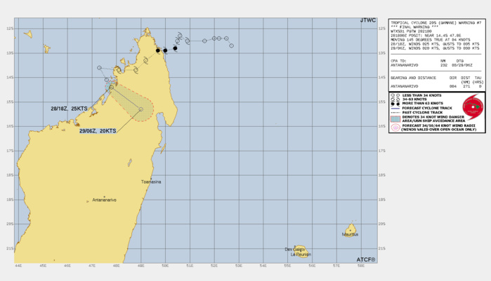 REMARKS: 282100Z POSITION NEAR 14.6S 48.1E. 28MAR24. TROPICAL CYCLONE 20S (GAMANE), LOCATED APPROXIMATELY 271  NM NORTH OF ANTANANARIVO, MADAGASCAR, HAS TRACKED SOUTHEASTWARD AT 04 KNOTS OVER THE PAST SIX HOURS. ANIMATED ENHANCED INFRARED IMAGERY (EIR) SHOWS THE WEAK LOW-LEVEL CIRCULATION (LLC) HAS  UNRAVELED AFTER IT MADE A SECONDARY LANDFALL ALONG THE NORTHWEST  COAST OF MADAGASCAR AFTER A BRIEF SPLASH INTO THE MOZAMBIQUE CHANNEL.  A PERSISTENT BALL OF CONVECTION, DECAPITATED AND DISLOCATED  70NM TO THE NORTH, CONTINUES TO FLARE. AN EARLIER 280624Z ASCAT-B IMAGE HAS CONFIRMED WITH HIGH CONFIDENCE THAT THE SYSTEM'S  LOW-LEVEL CIRCULATION HAS BECOME ILL-DEFINED, WITH A MAXIMUM OF  25 KTS INTENSITIES POSITIONED IN THE NORTHEAST QUADRANT. OVER THE  NEXT 12 HOURS, THE REMNANT CIRCULATION ASSOCIATED WITH TC 20S,  IF ANY, WILL CONTINUE TO PROGRESS SOUTHEASTWARD, FURTHER  INTERACTING WITH MADAGASCAR'S MOUNTAINOUS TERRAIN, LIMITING CHANCES FOR IMMEDIATE RE-INTENSIFICATION. THE CHANCE THAT THE  LLC WILL REFORM IN THE SOUTH INDIAN OCEAN ON THE LEEWARD SIDE OF  MADAGASCAR IS UNLIKELY AT THIS TIME DUE TO INCREASING VERTICAL  WIND SHEAR IN ADDITION TO THE FRICTIONAL EFFECTS OF THE RUGGED TERRAIN.  THIS IS THE FINAL WARNING ON THIS SYSTEM BY THE JOINT TYPHOON WRNCEN PEARL HARBOR HI. THE SYSTEM WILL BE CLOSELY MONITORED FOR SIGNS OF REGENERATION. MINIMUM CENTRAL PRESSURE AT  281800Z IS 1007 MB.
