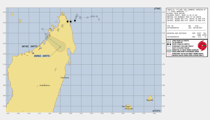 REMARKS: 282100Z POSITION NEAR 14.6S 48.1E. 28MAR24. TROPICAL CYCLONE 20S (GAMANE), LOCATED APPROXIMATELY 271  NM NORTH OF ANTANANARIVO, MADAGASCAR, HAS TRACKED SOUTHEASTWARD AT 04 KNOTS OVER THE PAST SIX HOURS. ANIMATED ENHANCED INFRARED IMAGERY (EIR) SHOWS THE WEAK LOW-LEVEL CIRCULATION (LLC) HAS  UNRAVELED AFTER IT MADE A SECONDARY LANDFALL ALONG THE NORTHWEST  COAST OF MADAGASCAR AFTER A BRIEF SPLASH INTO THE MOZAMBIQUE CHANNEL.  A PERSISTENT BALL OF CONVECTION, DECAPITATED AND DISLOCATED  70NM TO THE NORTH, CONTINUES TO FLARE. AN EARLIER 280624Z ASCAT-B IMAGE HAS CONFIRMED WITH HIGH CONFIDENCE THAT THE SYSTEM'S  LOW-LEVEL CIRCULATION HAS BECOME ILL-DEFINED, WITH A MAXIMUM OF  25 KTS INTENSITIES POSITIONED IN THE NORTHEAST QUADRANT. OVER THE  NEXT 12 HOURS, THE REMNANT CIRCULATION ASSOCIATED WITH TC 20S,  IF ANY, WILL CONTINUE TO PROGRESS SOUTHEASTWARD, FURTHER  INTERACTING WITH MADAGASCAR'S MOUNTAINOUS TERRAIN, LIMITING CHANCES FOR IMMEDIATE RE-INTENSIFICATION. THE CHANCE THAT THE  LLC WILL REFORM IN THE SOUTH INDIAN OCEAN ON THE LEEWARD SIDE OF  MADAGASCAR IS UNLIKELY AT THIS TIME DUE TO INCREASING VERTICAL  WIND SHEAR IN ADDITION TO THE FRICTIONAL EFFECTS OF THE RUGGED TERRAIN.  THIS IS THE FINAL WARNING ON THIS SYSTEM BY THE JOINT TYPHOON WRNCEN PEARL HARBOR HI. THE SYSTEM WILL BE CLOSELY MONITORED FOR SIGNS OF REGENERATION. MINIMUM CENTRAL PRESSURE AT  281800Z IS 1007 MB. REMARKS: 282100Z POSITION NEAR 14.6S 48.1E. 28MAR24. TROPICAL CYCLONE 20S (GAMANE), LOCATED APPROXIMATELY 271  NM NORTH OF ANTANANARIVO, MADAGASCAR, HAS TRACKED SOUTHEASTWARD AT 04 KNOTS OVER THE PAST SIX HOURS. ANIMATED ENHANCED INFRARED IMAGERY (EIR) SHOWS THE WEAK LOW-LEVEL CIRCULATION (LLC) HAS  UNRAVELED AFTER IT MADE A SECONDARY LANDFALL ALONG THE NORTHWEST  COAST OF MADAGASCAR AFTER A BRIEF SPLASH INTO THE MOZAMBIQUE CHANNEL.  A PERSISTENT BALL OF CONVECTION, DECAPITATED AND DISLOCATED  70NM TO THE NORTH, CONTINUES TO FLARE. AN EARLIER 280624Z ASCAT-B IMAGE HAS CONFIRMED WITH HIGH CONFIDENCE THAT THE SYSTEM'S  LOW-LEVEL CIRCULATION HAS BECOME ILL-DEFINED, WITH A MAXIMUM OF  25 KTS INTENSITIES POSITIONED IN THE NORTHEAST QUADRANT. OVER THE  NEXT 12 HOURS, THE REMNANT CIRCULATION ASSOCIATED WITH TC 20S,  IF ANY, WILL CONTINUE TO PROGRESS SOUTHEASTWARD, FURTHER  INTERACTING WITH MADAGASCAR'S MOUNTAINOUS TERRAIN, LIMITING CHANCES FOR IMMEDIATE RE-INTENSIFICATION. THE CHANCE THAT THE  LLC WILL REFORM IN THE SOUTH INDIAN OCEAN ON THE LEEWARD SIDE OF  MADAGASCAR IS UNLIKELY AT THIS TIME DUE TO INCREASING VERTICAL  WIND SHEAR IN ADDITION TO THE FRICTIONAL EFFECTS OF THE RUGGED TERRAIN.  THIS IS THE FINAL WARNING ON THIS SYSTEM BY THE JOINT TYPHOON WRNCEN PEARL HARBOR HI. THE SYSTEM WILL BE CLOSELY MONITORED FOR SIGNS OF REGENERATION. MINIMUM CENTRAL PRESSURE AT  281800Z IS 1007 MB.