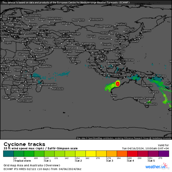 TC 21S(OLGA) intensifying and peaking within 24H may reach CAT 2 US// ECMWF 10 Day Storm Tracks, 0615utc TC 21S(OLGA) intensifying and peaking within 24H may reach CAT 2 US// ECMWF 10 Day Storm Tracks, 0615utc