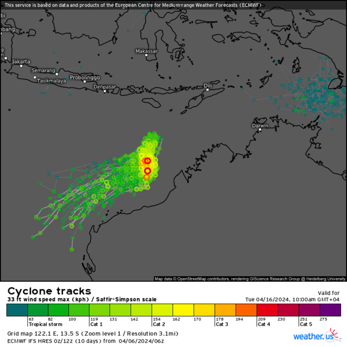 TC 21S(OLGA) intensifying and peaking within 24H may reach CAT 2 US// ECMWF 10 Day Storm Tracks, 0615utc TC 21S(OLGA) intensifying and peaking within 24H may reach CAT 2 US// ECMWF 10 Day Storm Tracks, 0615utc