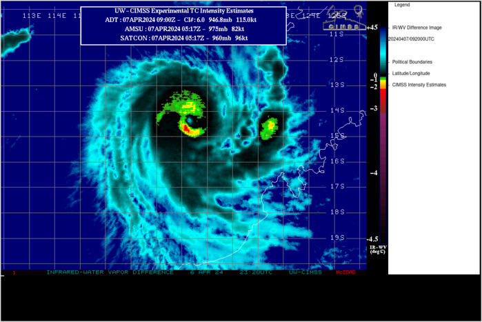 SATELLITE ANALYSIS, INITIAL POSITION AND INTENSITY DISCUSSION: TROPICAL CYCLONE (TC) 21S HAS UNDERGONE EXTREME RAPID INTENSIFICATION  (ERI) OVER THE PAST 24 HOURS, FROM 50 KNOTS AT 060600Z TO THE INITIAL  INTENSITY OF 100 KNOTS. ANIMATED MULTISPECTRAL SATELLITE IMAGERY  (MSI) DEPICTS ASYMMETRIC CORE CONVECTION SURROUNDING AN 8 NM EYE,  WITH TROCHOIDAL MOTION EVIDENT OVER THE PAST SIX HOURS. THE INITIAL  POSITION IS PLACED WITH HIGH CONFIDENCE BASED ON THE MSI. AS A RESULT  OF THE EXTENSIVE DRY AIR AROUND THE PERIPHERY OF THE SYSTEM, A  070520Z ATMS 88.2 GHZ MICROWAVE IMAGE REVEALS A COMPACT CONVECTIVE  CORE, WITH LIMITED BANDING OVER THE SOUTHERN QUADRANT. ENVIRONMENTAL  CONDITIONS ARE FAVORABLE, WITH LOW VERTICAL WIND SHEAR (VWS), STRONG  POLEWARD OUTFLOW AND WARM SST VALUES. HOWEVER, AS EXPECTED,  INCREASING NORTHWESTERLY VWS IS BEGINNING TO IMPINGE ON THE WESTERN  PERIPHERY OF THE SYSTEM DEGRADING WESTWARD OUTFLOW AS INDICATED IN  THE ANIMATED WATER VAPOR IMAGERY. ADDITIONALLY, DRY AIR IS ENTRAINING INTO THE NORTHEASTERN QUADRANT OF THE SYSTEM. THE INITIAL INTENSITY OF 100 KTS IS ASSESSED WITH HIGH CONFIDENCE BASED ON CONCURRENT AGENCY DVORAK ESTIMATES OF T5.5 (102 KNOTS), WITH ADT, AIDT OBJECTIVE INTENSITY ESTIMATES OF 102 AND 104 KNOTS, RESPECTIVELY.