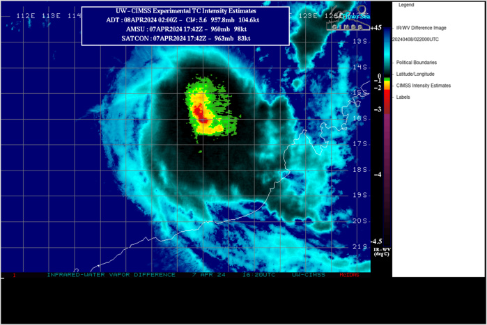 SATELLITE ANALYSIS, INITIAL POSITION AND INTENSITY DISCUSSION: ANIMATED MULTISPECTRAL SATELLITE IMAGERY (MSI) SHOWS TC 21S CONTINUED TO SIGNIFICANTLY DEGRADE AS EVIDENCED BY EXCESSIVE POLEWARD ELONGATION, WARMING CLOUD TOPS, AND CONVECTIVE FRAGMENTATION MOSTLY DUE TO HIGH (30+ KNOTS) WESTERLY VWS. THE INITIAL POSITION IS PLACED WITH MEDIUM CONFIDENCE BASED ON A SMALL CLUSTER OF WARM PIXELS IN THE 072350Z EIR IMAGE, ADJUSTED FOR TILT, AND LINED UP WITH A SEMI-EXPOSED MICROWAVE LLC FEATURE IN THE 072150Z SSMIS 91GHZ IMAGE. THE INITIAL INTENSITY IS ALSO PLACED WITH MEDIUM CONFIDENCE BASED ON OVERALL ASSESSMENT OF AGENCY AND AUTOMATED DVORAK ESTIMATES AND REFLECTS THE RAPID WEAKENING TREND. ANALYSIS INDICATES AN UNFAVORABLE ENVIRONMENT WITH THE STRONG POLEWARD OUTFLOW AND WARM SST OFFSET BY STRONG VWS AND DRY AIR INTRUSION AT THE LOWER LEVELS WRAPPING IN FROM THE SOUTHWEST PERIPHERIES.