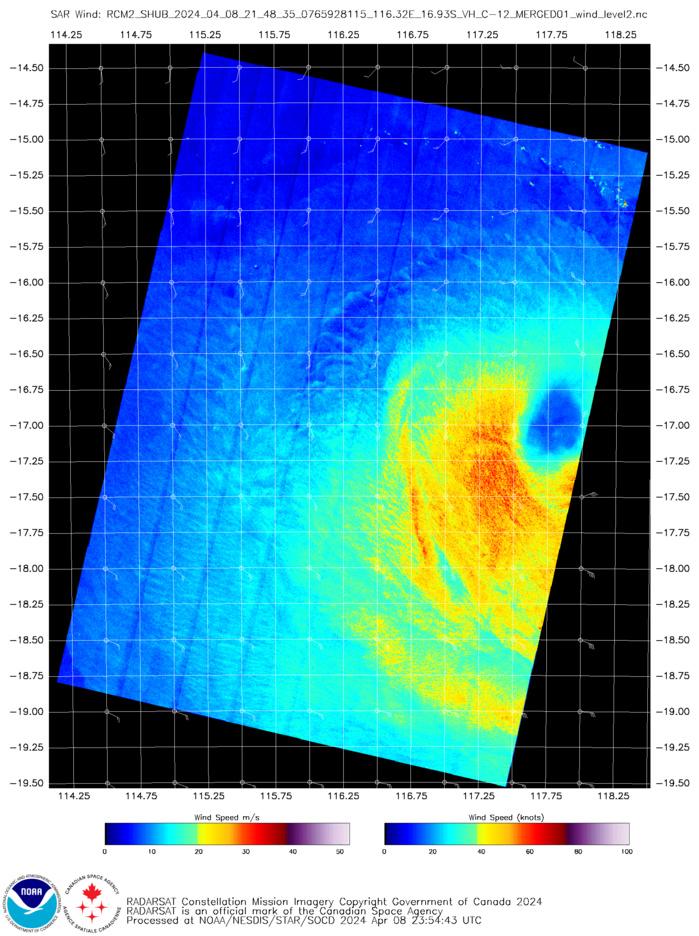 082148Z SAR WIND SPEED PRODUCT SHOWING A BROAD SWATH OF 50 TO 55 KT  WINDS IN THE SOUTHWESTERN QUADRANT.