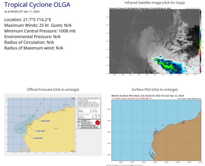 REMARKS: 102100Z POSITION NEAR 21.5S 114.3E. 10APR24. TROPICAL CYCLONE 21S (OLGA), LOCATED APPROXIMATELY 72 NM NORTH-NORTHEAST OF LEARMONTH, AUSTRALIA, HAS TRACKED SOUTHWESTWARD AT 10 KNOTS OVER THE PAST SIX HOURS. ANIMATED ENHANCED INFRARED  SATELLITE IMAGERY SHOWS A RAGGED LOW LEVEL CIRCULATION (LLC) THAT IS FULLY EXPOSED AND VOID OF ANY DEEP CONVECTION. THE INITIAL POSITION  IS PLACED WITH HIGH CONFIDENCE BASED ON THE EXPOSED LLC. THE INITIAL INTENSITY OF 30KTS, WHICH IS NOW BELOW THE JTWC WARNING THRESHOLD IS, ALSO PLACED WITH HIGH CONFIDENCE BASED ON OVERALL ASSESSMENT OF AGENCY DVORAK ESTIMATES AND FROM NEARBY SURFACE OBSERVATIONS INCLUDING WIND  AND SLP REPORTS FROM THEVENARD ISLAND, 27NM TO THE SOUTHEAST. THIS IS  THE FINAL WARNING ON THIS SYSTEM BY THE JOINT TYPHOON WRNCEN PEARL  HARBOR HI. THE SYSTEM WILL BE CLOSELY MONITORED FOR SIGNS OF  REGENERATION. MINIMUM CENTRAL PRESSURE AT 101800Z IS 1007 MB. MAXIMUM SIGNIFICANT WAVE HEIGHT AT 101800Z IS 10 FEET.//