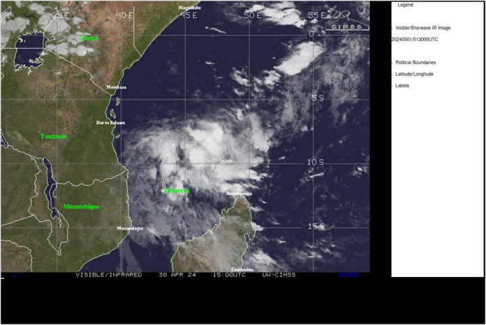 THE AREA OF CONVECTION (INVEST 90S) PREVIOUSLY LOCATED NEAR  6.7S 46.2E IS NOW LOCATED NEAR 8.1S 44.8E, APPROXIMATELY 239 NM NORTH- NORTHEAST OF COMOROS. ANIMATED ENHANCED INFRARED SATELLITE IMAGERY AND AN  AMSR2 302208Z 91GHZ MICROWAVE IMAGE DEPICT FLARING AND DEEPENING  CONVECTION AND A SLOWLY CONSOLIDATING LLCC WITHIN A BROAD AREA OF  TURNING. ENVIRONMENTAL ANALYSIS INDICATES OVERALL FAVORABLE CONDITIONS  WITH GOOD POLEWARD OUTFLOW AND WARM SSTS (29-30C) SLIGHTLY OFFSET BY  LIGHT EASTERLY VERTICAL WIND SHEAR (05-10KTS). GLOBAL DETERMINISTIC  MODELS HAVE BECOME MORE AGGRESSIVE WITH SIGNIFICANT INTENSIFICATION AND  DEVELOPMENT OVER THE NEXT 12-24 HOURS AS THE SYSTEM TRACKS MORE WESTWARD  TOWARD THE COAST OF TANZANIA WITHIN THE NEXT 72 HOURS. MAXIMUM SUSTAINED  SURFACE WINDS ARE ESTIMATED AT 28 TO 33 KNOTS. MINIMUM SEA LEVEL PRESSURE  IS ESTIMATED TO BE NEAR 1003 MB. THE POTENTIAL FOR THE DEVELOPMENT OF A  SIGNIFICANT TROPICAL CYCLONE WITHIN THE NEXT 24 HOURS IS UPGRADED TO  HIGH.