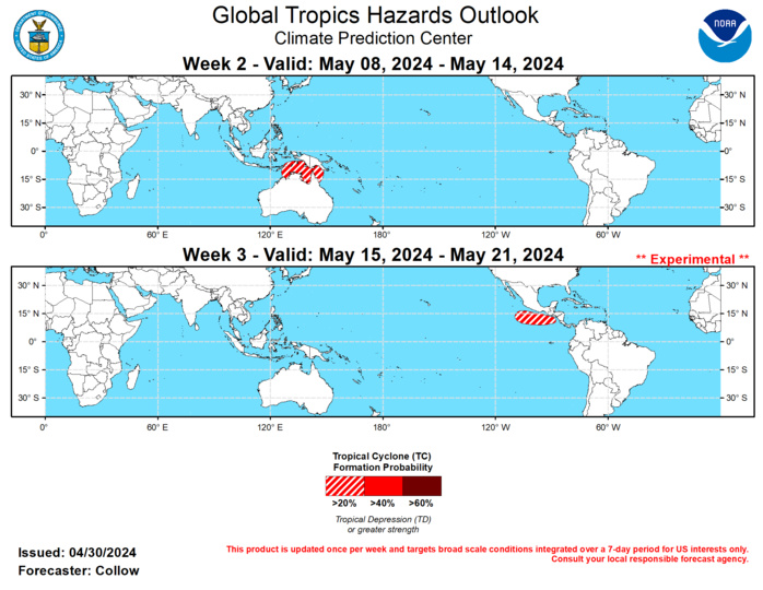 GTH Outlook Discussion Last Updated - 04/30/24 Valid - 05/08/24 - 05/21/24 During mid- to late-April, the Madden Julian Oscillation weakened into the RMM-based unit circle. However, during the past few days, the MJO has shown signs of re-emerging over the Indian Ocean, aided in part by an enhanced low frequency convective signal across the region. Dynamical models agree in terms of eastward propagation of the intraseasonal signal through the Maritime Continent during the first week of May, but diverge thereafter. The ECMWF ensemble depicts a fast, but weak propagation of the MJO into the Western Hemisphere by mid-May, while the GEFS is slower and more unclear in the MJO propagation east of the Date Line.  No tropical cyclones (TCs) have developed in the past week, corresponding with the climatological quietest time of year for the global tropics. The Joint Typhoon Warning Center (JTWC) is monitoring a disturbance to the north of Madagascar (Invest 90S), which may develop into a TC during the next few days. By week-2, the evolution of the MJO favors enhanced chances of late-season TC development north of Australia, extending across parts of the Banda, Arafura, and Timor Seas and into the Gulf of Carpentaria where at least a 20 percent chance of TC formation is highlighted, although there is the potential that TC development occurs late in the week-1 period. A more robust eastward MJO propagation favors increasing chances of TC formation across the eastern North Pacific, corresponding with the May 15 start of the hurricane season in that region. Although early in the season, very warm sea surface temperatures (greater than 30 deg C off the west coast of Central America) combined with the convective environment potentially becoming more favorable, support a 20 percent chance or greater for TC formation is highlighted across the eastern North Pacific during week-3.