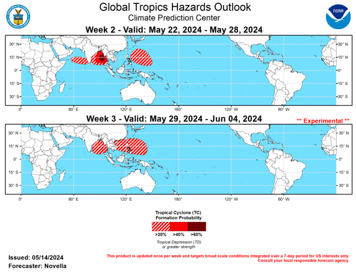 GTH Outlook Discussion Last Updated - 05/14/24 Valid - 05/22/24 - 06/04/24 Following a brief period of more coherent Madden-Julian Oscillation (MJO) activity during late April, the MJO has since weakened and became increasingly disorganized. The observed upper-level velocity potential anomaly fields depict a poor representation of the enhanced divergence envelope crossing the western Hemisphere, where there appears to be two other convective centers throughout the global tropics; one tied to a low frequency response in the western Indian Ocean, and another tied to Kelvin wave activity moving over the tropical Americas. The multiple centers of action have led to a much weakened signal in RMM space, as other modes of tropical variability have played a superseding role in driving convective and circulation anomalies during the past week or so. Moving forward, however, there is growing support in the RMM forecasts for renewed MJO activity during the next week, with the enhanced phase propagating eastward from the Indian Ocean and crossing the Maritime Continent at a potentially moderate amplitude through the end of May. The amplifying MJO signal in RMM space over the Indian Ocean may, in part, be explained by constructive interference with the aforementioned modes of tropical variability in the basin, and consequently, there is still some question as to the potential coherence of the MJO with other modes of tropical variability favored to remain at play during the next several weeks. There is also uncertainty in regards to MJO phase speed, as upper-level velocity potential anomaly forecasts in the GEFS and ECMWF depict very different placements of the enhanced and suppressed convective envelopes by the end of the month. A slower, and more canonical phase speed favored in the GEFS may be in response to monsoonal circulations taking shape over Asia and Africa, though the Kelvin wave-like MJO phase speed featured in the ECMWF has been the predominant mode this spring. Despite these uncertainties, the large-scale circulation looks conducive for tropical cyclogenesis in the northern Indian Ocean and western Pacific later in May. Conversely, more unfavorable conditions for Tropical Cyclone (TC) development are anticipated over the tropical Americas following a potentially early start of the Hurricane season in the eastern Pacific during week-1. No tropical cyclones formed during the past week. For week-1, the Joint Typhoon Warning Center (JTWC) is monitoring a tropical disturbance (92S) to the north of Madagascar. While formation chances are currently designated as low in the near-term, deterministic solutions have been fairly bullish for gradual development later this week. Any TC formation during this time of the year in the southwestern Indian Ocean would be very unusual, but is suggestive of the increasingly favorable conditions becoming established in the Indian Ocean. In the western Hemisphere, the National Hurricane Center (NHC) has yet to start issuing their regular Tropical Weather Outlooks (TWOs) with the start of the eastern Pacific Hurricane season beginning tomorrow (5/15). However, there is good continuity and support in the probabilistic TC genesis tools and raw ensembles for potential TC formation to the south of Mexico during mid to late week-1 before the suppressed phase of the MJO strengthens overhead. For week-2, both the GEFS and ECMWF favor a band of strongly anomalous lower-level westerlies expanding eastward throughout the equatorial Indian Ocean tied to the renewed MJO. With anomalous easterlies favored to the north to induce a broad region of cyclonic flow, this results in elevated TC formation chances over the northern Indian Ocean during week-2. Based on climatology, and continued support in the probabilistic TC genesis tools, 60% chances for development are posted in the Bay of Bengal, with 20% chances in the Arabian Sea. Notably, strongly positive SST anomalies are observed throughout the entire basin, with some parts registering over 31 degrees C in the weekly mean which could provide plenty of fuel for any TCs that develop. These tools also show modest signals for additional development to the south of the equator between 70E and 80E, though given climatology for late May, there is not enough confidence to post a corresponding TC area for week-2. In the western Pacific, 20% chances for TC development are posted in the Philippine Sea in association with an equatorial Rossby wave forecast and support in the raw ensembles. Higher chances were considered, however odds for development are highest in the tools late in week-1, and any areas of low pressure may struggle to intensify with increased shear favored in the GEFS near the Marianas. Should the MJO maintain coherence while propagating eastward across the Maritime Continent and possibly reach the Western Pacific during week-3, this would continue to favor additional TC development in the northern Indian Ocean and western Pacific based on historical MJO/TC composites. Therefore, 20% chances are posted across the Bay of Bengal and western Pacific which is consistent with signals in the probabilistic tools for week-3. These tools also point to reemerging signals in the eastern Pacific and Caribbean by the start of June. While TC genesis is certainly possible associated with transient equatorial Kelvin and/or Rossby waves that develop, no corresponding TC areas are posted in the outlook as TC formation would become more favorable later during the week-4 timeframe, even with the faster MJO propagation speed featured in the ECMWF. GTH Outlook Discussion Last Updated - 05/14/24 Valid - 05/22/24 - 06/04/24 Following a brief period of more coherent Madden-Julian Oscillation (MJO) activity during late April, the MJO has since weakened and became increasingly disorganized. The observed upper-level velocity potential anomaly fields depict a poor representation of the enhanced divergence envelope crossing the western Hemisphere, where there appears to be two other convective centers throughout the global tropics; one tied to a low frequency response in the western Indian Ocean, and another tied to Kelvin wave activity moving over the tropical Americas. The multiple centers of action have led to a much weakened signal in RMM space, as other modes of tropical variability have played a superseding role in driving convective and circulation anomalies during the past week or so. Moving forward, however, there is growing support in the RMM forecasts for renewed MJO activity during the next week, with the enhanced phase propagating eastward from the Indian Ocean and crossing the Maritime Continent at a potentially moderate amplitude through the end of May. The amplifying MJO signal in RMM space over the Indian Ocean may, in part, be explained by constructive interference with the aforementioned modes of tropical variability in the basin, and consequently, there is still some question as to the potential coherence of the MJO with other modes of tropical variability favored to remain at play during the next several weeks. There is also uncertainty in regards to MJO phase speed, as upper-level velocity potential anomaly forecasts in the GEFS and ECMWF depict very different placements of the enhanced and suppressed convective envelopes by the end of the month. A slower, and more canonical phase speed favored in the GEFS may be in response to monsoonal circulations taking shape over Asia and Africa, though the Kelvin wave-like MJO phase speed featured in the ECMWF has been the predominant mode this spring. Despite these uncertainties, the large-scale circulation looks conducive for tropical cyclogenesis in the northern Indian Ocean and western Pacific later in May. Conversely, more unfavorable conditions for Tropical Cyclone (TC) development are anticipated over the tropical Americas following a potentially early start of the Hurricane season in the eastern Pacific during week-1. No tropical cyclones formed during the past week. For week-1, the Joint Typhoon Warning Center (JTWC) is monitoring a tropical disturbance (92S) to the north of Madagascar. While formation chances are currently designated as low in the near-term, deterministic solutions have been fairly bullish for gradual development later this week. Any TC formation during this time of the year in the southwestern Indian Ocean would be very unusual, but is suggestive of the increasingly favorable conditions becoming established in the Indian Ocean. In the western Hemisphere, the National Hurricane Center (NHC) has yet to start issuing their regular Tropical Weather Outlooks (TWOs) with the start of the eastern Pacific Hurricane season beginning tomorrow (5/15). However, there is good continuity and support in the probabilistic TC genesis tools and raw ensembles for potential TC formation to the south of Mexico during mid to late week-1 before the suppressed phase of the MJO strengthens overhead. For week-2, both the GEFS and ECMWF favor a band of strongly anomalous lower-level westerlies expanding eastward throughout the equatorial Indian Ocean tied to the renewed MJO. With anomalous easterlies favored to the north to induce a broad region of cyclonic flow, this results in elevated TC formation chances over the northern Indian Ocean during week-2. Based on climatology, and continued support in the probabilistic TC genesis tools, 60% chances for development are posted in the Bay of Bengal, with 20% chances in the Arabian Sea. Notably, strongly positive SST anomalies are observed throughout the entire basin, with some parts registering over 31 degrees C in the weekly mean which could provide plenty of fuel for any TCs that develop. These tools also show modest signals for additional development to the south of the equator between 70E and 80E, though given climatology for late May, there is not enough confidence to post a corresponding TC area for week-2. In the western Pacific, 20% chances for TC development are posted in the Philippine Sea in association with an equatorial Rossby wave forecast and support in the raw ensembles. Higher chances were considered, however odds for development are highest in the tools late in week-1, and any areas of low pressure may struggle to intensify with increased shear favored in the GEFS near the Marianas. Should the MJO maintain coherence while propagating eastward across the Maritime Continent and possibly reach the Western Pacific during week-3, this would continue to favor additional TC development in the northern Indian Ocean and western Pacific based on historical MJO/TC composites. Therefore, 20% chances are posted across the Bay of Bengal and western Pacific which is consistent with signals in the probabilistic tools for week-3. These tools also point to reemerging signals in the eastern Pacific and Caribbean by the start of June. While TC genesis is certainly possible associated with transient equatorial Kelvin and/or Rossby waves that develop, no corresponding TC areas are posted in the outlook as TC formation would become more favorable later during the week-4 timeframe, even with the faster MJO propagation speed featured in the ECMWF.