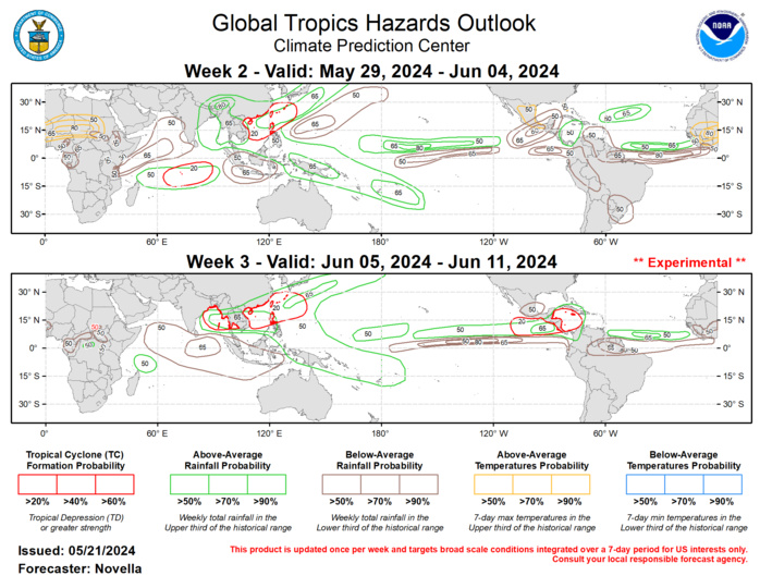 The precipitation outlook for weeks 2 and 3 are based on a historical skill weight blend of GEFS, CFSv2, ECCC, and ECMWF ensemble mean guidance, MJO composites, and anticipated TC tracks. For temperatures, pre-monsoonal heat is favored to persist across many parts of Sahelian and Saharan Africa where daytime highs may possibly exceed 110 degrees F in week-2 based on calibrated reforecast temperature tools. Excessive heat conditions may also persist over parts of southern Texas and Florida early in week-2. For hazardous weather conditions in your area during the next two weeks, please refer to your local NWS office, the Medium Range Hazards Forecast from the Weather Prediction Center (WPC), and the CPC Week-2 Hazards Outlook. Forecasts issued over Africa are made in coordination with the International Desk at CPC. The precipitation outlook for weeks 2 and 3 are based on a historical skill weight blend of GEFS, CFSv2, ECCC, and ECMWF ensemble mean guidance, MJO composites, and anticipated TC tracks. For temperatures, pre-monsoonal heat is favored to persist across many parts of Sahelian and Saharan Africa where daytime highs may possibly exceed 110 degrees F in week-2 based on calibrated reforecast temperature tools. Excessive heat conditions may also persist over parts of southern Texas and Florida early in week-2. For hazardous weather conditions in your area during the next two weeks, please refer to your local NWS office, the Medium Range Hazards Forecast from the Weather Prediction Center (WPC), and the CPC Week-2 Hazards Outlook. Forecasts issued over Africa are made in coordination with the International Desk at CPC.