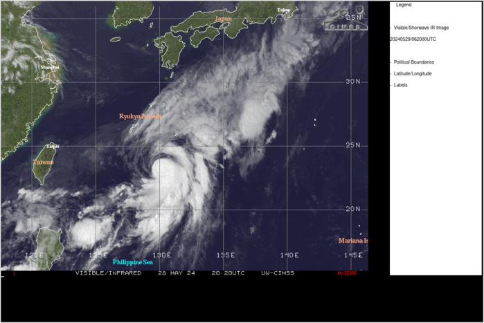SATELLITE ANALYSIS, INITIAL POSITION AND INTENSITY DISCUSSION: ANIMATED MULTISPECTRAL SATELLITE IMAGERY (MSI) DEPICTS A DISTINCT LOW-LEVEL CIRCULATION CENTER (LLCC) WRAPPING TIGHTLY BENEATH THE WESTERN EDGE OF THE SYSTEM'S CONVECTIVE CURVED BANDING. THE ASYMMETRIC CONVECTION HAS CONTINUED TO WARM OVER THE LAST FEW HOURS, SIGNIFYING THE BEGINNING STAGES OF THE EXPECTED WEAKENING TREND FOR TYPHOON (TY) 01W. MODERATE VERTICAL WIND SHEAR (VWS) OF 20-25 KTS CONTINUES TO REMAIN EVIDENT THROUGHOUT THE REMAINING CIRRUS SHIELD, WITH OBSERVABLE STRIATIONS THROUGHOUT THE EASTERN PERIPHERY OF THE SYSTEM ON ANIMATED WATER VAPOR IMAGERY. STRONG DUAL-CHANNEL UPPER-LEVEL OUTFLOW HAS PERSISTED THROUGH THE PREVIOUS SIX HOURS, WITH A POWERFUL LONGWAVE TROUGH INDUCED POLEWARD CHANNEL, AND THE CONTINUOUS SOUTHWARD CHANNEL OVER THE PHILIPPINE SEA. THE INITIAL POSITION IS PLACED WITH HIGH CONFIDENCE BASED ON EXTRAPOLATION FROM THE 282121Z RCM-3 SAR IMAGE AND THE RJTD RADAR FIX FROM MINAMI-DAITO JIMA. THE INITIAL INTENSITY OF 70 KTS WAS ASSESSED WITH MEDIUM CONFIDENCE BASED ON THE SUBJECTIVE AGENCY ESTIMATES LISTED BELOW. SATELLITE ANALYSIS, INITIAL POSITION AND INTENSITY DISCUSSION: ANIMATED MULTISPECTRAL SATELLITE IMAGERY (MSI) DEPICTS A DISTINCT LOW-LEVEL CIRCULATION CENTER (LLCC) WRAPPING TIGHTLY BENEATH THE WESTERN EDGE OF THE SYSTEM'S CONVECTIVE CURVED BANDING. THE ASYMMETRIC CONVECTION HAS CONTINUED TO WARM OVER THE LAST FEW HOURS, SIGNIFYING THE BEGINNING STAGES OF THE EXPECTED WEAKENING TREND FOR TYPHOON (TY) 01W. MODERATE VERTICAL WIND SHEAR (VWS) OF 20-25 KTS CONTINUES TO REMAIN EVIDENT THROUGHOUT THE REMAINING CIRRUS SHIELD, WITH OBSERVABLE STRIATIONS THROUGHOUT THE EASTERN PERIPHERY OF THE SYSTEM ON ANIMATED WATER VAPOR IMAGERY. STRONG DUAL-CHANNEL UPPER-LEVEL OUTFLOW HAS PERSISTED THROUGH THE PREVIOUS SIX HOURS, WITH A POWERFUL LONGWAVE TROUGH INDUCED POLEWARD CHANNEL, AND THE CONTINUOUS SOUTHWARD CHANNEL OVER THE PHILIPPINE SEA. THE INITIAL POSITION IS PLACED WITH HIGH CONFIDENCE BASED ON EXTRAPOLATION FROM THE 282121Z RCM-3 SAR IMAGE AND THE RJTD RADAR FIX FROM MINAMI-DAITO JIMA. THE INITIAL INTENSITY OF 70 KTS WAS ASSESSED WITH MEDIUM CONFIDENCE BASED ON THE SUBJECTIVE AGENCY ESTIMATES LISTED BELOW.