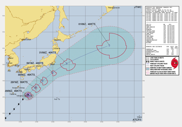 FORECAST REASONING.  SIGNIFICANT FORECAST CHANGES: THERE ARE NO SIGNIFICANT CHANGES TO THE FORECAST FROM THE PREVIOUS WARNING.  FORECAST DISCUSSION: TY 01W IS FORECASTED TO CONTINUE TO TRACK NORTHEASTWARD AROUND THE WESTERN AND NORTHWESTERN PERIPHERY OF THE DEEP-LAYER SUBTROPICAL STEERING RIDGE THROUGH TAU 72 OF THE FORECAST. THE TYPHOON IS EXPECTED TO BEGIN ENTERING A GENERALLY NON-CONDUCIVE ENVIRONMENT FOR FURTHER INTENSIFICATION AS MODERATE TO STRONG VWS (20-30 KTS) WILL INCREASE THROUGHOUT THE NEXT 12 HOURS. ALTHOUGH SEA SURFACE TEMPERATURES REMAIN WARM (26-28 C) AND UPPER-LEVEL OUTFLOW IS SUPPORTIVE OF FURTHER DEEPENING IN THE PHILIPPINE SEA, THE INFLUENCE FROM THE MID-LATITUDE WESTERLIES WITH STRONG VWS WILL CAUSE CONTINUED WEAKENING UNTIL EXTRATROPICAL TRANSITION TO AN ASYMMETRIC COLD-CORE BAROCLINIC LOW. AS TY 01W CONTINUES TO TRACK NORTHEASTWARD BETWEEN TAU 12 AND TAU 18, COOL SEA SURFACE TEMPERATURES (25-27 C) WILL AID IN THE STEADY WEAKENING OF THE SYSTEM. INTO TAU 36, THE TYPHOON WILL BEGIN UNDERGOING EXTRATROPICAL TRANSITION AS DRY AIR ENTRAINS INTO THE CORE STRUCTURE, AND COLD-AIR ADVECTION AMPLIFIES FROM THE NORTHWEST AND LASTS THROUGH THE REMAINDER OF THE 72 HOUR FORECAST. FORECAST REASONING.  SIGNIFICANT FORECAST CHANGES: THERE ARE NO SIGNIFICANT CHANGES TO THE FORECAST FROM THE PREVIOUS WARNING.  FORECAST DISCUSSION: TY 01W IS FORECASTED TO CONTINUE TO TRACK NORTHEASTWARD AROUND THE WESTERN AND NORTHWESTERN PERIPHERY OF THE DEEP-LAYER SUBTROPICAL STEERING RIDGE THROUGH TAU 72 OF THE FORECAST. THE TYPHOON IS EXPECTED TO BEGIN ENTERING A GENERALLY NON-CONDUCIVE ENVIRONMENT FOR FURTHER INTENSIFICATION AS MODERATE TO STRONG VWS (20-30 KTS) WILL INCREASE THROUGHOUT THE NEXT 12 HOURS. ALTHOUGH SEA SURFACE TEMPERATURES REMAIN WARM (26-28 C) AND UPPER-LEVEL OUTFLOW IS SUPPORTIVE OF FURTHER DEEPENING IN THE PHILIPPINE SEA, THE INFLUENCE FROM THE MID-LATITUDE WESTERLIES WITH STRONG VWS WILL CAUSE CONTINUED WEAKENING UNTIL EXTRATROPICAL TRANSITION TO AN ASYMMETRIC COLD-CORE BAROCLINIC LOW. AS TY 01W CONTINUES TO TRACK NORTHEASTWARD BETWEEN TAU 12 AND TAU 18, COOL SEA SURFACE TEMPERATURES (25-27 C) WILL AID IN THE STEADY WEAKENING OF THE SYSTEM. INTO TAU 36, THE TYPHOON WILL BEGIN UNDERGOING EXTRATROPICAL TRANSITION AS DRY AIR ENTRAINS INTO THE CORE STRUCTURE, AND COLD-AIR ADVECTION AMPLIFIES FROM THE NORTHWEST AND LASTS THROUGH THE REMAINDER OF THE 72 HOUR FORECAST.