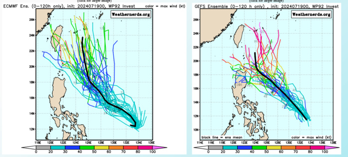 AN AREA OF CONVECTION (INVEST 92W) PREVIOUSLY LOCATED NEAR 11.8N 133.6E IS NOW LOCATED NEAR 12.5N 132.7E, APPROXIMATELY 527 NM NORTHEAST OF DAVAO. ANIMATED MULTISPECTRAL SATELLITE IMAGERY DEPICTS A BROAD, WEAKLY DEFINED LOW-LEVEL CIRCULATION (LLC) WITH PERSISTENT CONVECTION TO THE NORTHWEST. A 190416Z GMI 89GHZ COLOR COMPOSITE MICROWAVE IMAGE SHOWS CONVECTION CONSOLIDATING OVER THE WESTERN SEMI- CIRCLE WITH A PARTIALLY EXPOSED LLC. UPPER-LEVEL ANALYSIS INDICATES 92W IS LOCATED IN A FAVORABLE ENVIRONMENT WITH LOW VERTICAL WIND SHEAR (10-15KT), GOOD POLEWARD AND EQUATORWARD OUTFLOW, AND WARM SSTS (30C). GLOBAL MODELS INDICATE THAT 92W WILL CONTINUE TO MAINTAIN A NORTHWESTWARD TRACK AS IT INTENSIFIES QUICKLY OVER THE NEXT 48 HOURS. MAXIMUM SUSTAINED SURFACE WINDS ARE ESTIMATED AT 15 TO 20 KNOTS. MINIMUM SEA LEVEL PRESSURE IS ESTIMATED TO BE NEAR 1004 MB. THE POTENTIAL FOR THE DEVELOPMENT OF A SIGNIFICANT TROPICAL CYCLONE WITHIN THE NEXT 24 HOURS IS UPGRADED TO MEDIUM. AN AREA OF CONVECTION (INVEST 92W) PREVIOUSLY LOCATED NEAR 11.8N 133.6E IS NOW LOCATED NEAR 12.5N 132.7E, APPROXIMATELY 527 NM NORTHEAST OF DAVAO. ANIMATED MULTISPECTRAL SATELLITE IMAGERY DEPICTS A BROAD, WEAKLY DEFINED LOW-LEVEL CIRCULATION (LLC) WITH PERSISTENT CONVECTION TO THE NORTHWEST. A 190416Z GMI 89GHZ COLOR COMPOSITE MICROWAVE IMAGE SHOWS CONVECTION CONSOLIDATING OVER THE WESTERN SEMI- CIRCLE WITH A PARTIALLY EXPOSED LLC. UPPER-LEVEL ANALYSIS INDICATES 92W IS LOCATED IN A FAVORABLE ENVIRONMENT WITH LOW VERTICAL WIND SHEAR (10-15KT), GOOD POLEWARD AND EQUATORWARD OUTFLOW, AND WARM SSTS (30C). GLOBAL MODELS INDICATE THAT 92W WILL CONTINUE TO MAINTAIN A NORTHWESTWARD TRACK AS IT INTENSIFIES QUICKLY OVER THE NEXT 48 HOURS. MAXIMUM SUSTAINED SURFACE WINDS ARE ESTIMATED AT 15 TO 20 KNOTS. MINIMUM SEA LEVEL PRESSURE IS ESTIMATED TO BE NEAR 1004 MB. THE POTENTIAL FOR THE DEVELOPMENT OF A SIGNIFICANT TROPICAL CYCLONE WITHIN THE NEXT 24 HOURS IS UPGRADED TO MEDIUM.