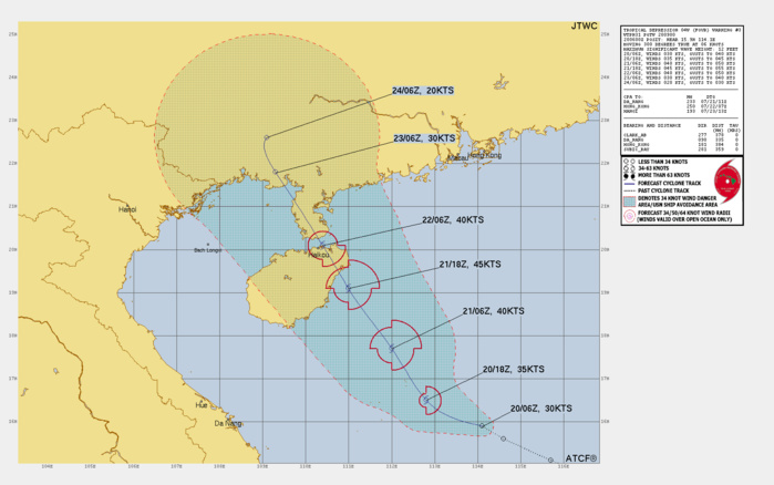 FORECAST REASONING. SIGNIFICANT FORECAST CHANGES: THERE ARE NO SIGNIFICANT CHANGES TO THE FORECAST FROM THE PREVIOUS WARNING. FORECAST DISCUSSION: TD 04W IS EXPECTED TO CONTINUE TRACKING WEST-NORTHWESTWARD UNDER THE STEERING INFLUENCE OF THE STR TO THE NORTHEAST, BECOMING MORE NORTHWESTWARD AFTER TAU 24 AS THE STR IS WEAKENED BY A MID-LATITUDE TROUGH DIGGING IN FROM THE NORTHWEST. TD 04W WILL MAKE LANDFALL OVER HAINAN SHORTLY AROUND TAU 30, CROSS THE GULF OF TONKIN, THEN WILL TRACK INTO SOUTHERN CHINA JUST BEFORE TAU 72. THE MARGINALLY FAVORABLE ENVIRONMENT WILL PROMOTE A MODEST INTENSIFICATION TO A PEAK OF 45KTS BY TAU 24. AFTERWARD, LAND INTERACTION WITH HAINAN AND SOUTHERN CHINA WILL PRIMARILY ERODE THE SYSTEM TO DISSIPATION BY TAU 96. FORECAST REASONING. SIGNIFICANT FORECAST CHANGES: THERE ARE NO SIGNIFICANT CHANGES TO THE FORECAST FROM THE PREVIOUS WARNING. FORECAST DISCUSSION: TD 04W IS EXPECTED TO CONTINUE TRACKING WEST-NORTHWESTWARD UNDER THE STEERING INFLUENCE OF THE STR TO THE NORTHEAST, BECOMING MORE NORTHWESTWARD AFTER TAU 24 AS THE STR IS WEAKENED BY A MID-LATITUDE TROUGH DIGGING IN FROM THE NORTHWEST. TD 04W WILL MAKE LANDFALL OVER HAINAN SHORTLY AROUND TAU 30, CROSS THE GULF OF TONKIN, THEN WILL TRACK INTO SOUTHERN CHINA JUST BEFORE TAU 72. THE MARGINALLY FAVORABLE ENVIRONMENT WILL PROMOTE A MODEST INTENSIFICATION TO A PEAK OF 45KTS BY TAU 24. AFTERWARD, LAND INTERACTION WITH HAINAN AND SOUTHERN CHINA WILL PRIMARILY ERODE THE SYSTEM TO DISSIPATION BY TAU 96.