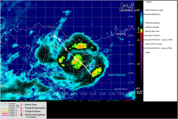 SATELLITE ANALYSIS, INITIAL POSITION AND INTENSITY DISCUSSION: ANIMATED MULTISPECTRAL SATELLITE IMAGERY (MSI) DEPICTS TROPICAL STORM 04W (PRAPIROON) AS HAVING A WELL-DEFINED AND SYMMETRIC CDO OVER THE CENTER OF THE OBSCURED LOW-LEVEL CIRCULATION CENTER (LLCC). ENVIRONMENTAL ANALYSIS INDICATES THAT 04W IS CURRENTLY IN A FAVORABLE ENVIRONMENT FOR INTENSIFICATION CHARACTERIZED BY MODERATE RADIAL OUTFLOW ALOFT, LOW VERTICAL WIND SHEAR, AND VERY WARM (30-31 C) SEA SURFACE TEMPERATURES. HOWEVER, AS 04W APPROACHES LAND, THE ENVIRONMENT WILL VERY RAPIDLY WORSEN. THE INITIAL POSITION IS PLACED WITH HIGH CONFIDENCE BASED ON A 220518Z GMI 37 GHZ MICROWAVE IMAGE SHOWING A DEFINED MICROWAVE EYE FEATURE. THE INITIAL INTENSITY OF 55 KTS IS ASSESSED WITH MEDIUM CONFIDENCE BASED ON THE OBJECTIVE AND SUBJECTIVE INTENSITY ESTIMATES LISTED BELOW. SATELLITE ANALYSIS, INITIAL POSITION AND INTENSITY DISCUSSION: ANIMATED MULTISPECTRAL SATELLITE IMAGERY (MSI) DEPICTS TROPICAL STORM 04W (PRAPIROON) AS HAVING A WELL-DEFINED AND SYMMETRIC CDO OVER THE CENTER OF THE OBSCURED LOW-LEVEL CIRCULATION CENTER (LLCC). ENVIRONMENTAL ANALYSIS INDICATES THAT 04W IS CURRENTLY IN A FAVORABLE ENVIRONMENT FOR INTENSIFICATION CHARACTERIZED BY MODERATE RADIAL OUTFLOW ALOFT, LOW VERTICAL WIND SHEAR, AND VERY WARM (30-31 C) SEA SURFACE TEMPERATURES. HOWEVER, AS 04W APPROACHES LAND, THE ENVIRONMENT WILL VERY RAPIDLY WORSEN. THE INITIAL POSITION IS PLACED WITH HIGH CONFIDENCE BASED ON A 220518Z GMI 37 GHZ MICROWAVE IMAGE SHOWING A DEFINED MICROWAVE EYE FEATURE. THE INITIAL INTENSITY OF 55 KTS IS ASSESSED WITH MEDIUM CONFIDENCE BASED ON THE OBJECTIVE AND SUBJECTIVE INTENSITY ESTIMATES LISTED BELOW.