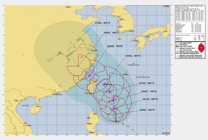 FORECAST REASONING. SIGNIFICANT FORECAST CHANGES: THERE ARE NO SIGNIFICANT CHANGES TO THE FORECAST FROM THE PREVIOUS WARNING. FORECAST DISCUSSION: TS O5W IS FORECAST TO CONTINUE TRACKING NORTH-NORTHWESTWARD ALONG THE WESTERN PERIPHERY OF A NORTH-SOUTH ORIENTED STR PLACED TO ITS EAST THROUGH TAU 48. AFTER TAU 48, RIDGING EXTENDING ACROSS EASTERN CHINA WILL TAKE OVER AS THE STEERING MECHANISM AND DRIVE 05W WESTWARD THROUGH TAU 96. THE SYSTEM IS FORECAST TO MAKE LANDFALL ALONG THE EASTERN COAST OF CHINA, NORTHWEST OF TAIWAN, JUST AFTER TAU 72. AFTER MAKING LANDFALL, 05W IS EXPECTED TO RAPIDLY WEAKEN AND THE LOW-LEVEL STEERING PATTERN WILL PUSH THE SYSTEM POLEWARD AS IT DISSIPATES. REGARDING THE INTENSITY FORECAST, 05W IS FORECAST TO CONTINUE TO INTENSIFY THROUGH TAU 48 AS VERTICAL WIND SHEAR IS ANTICIPATED TO DROP AND THE DRY AIR TO BE GONE. HIGH SEA SURFACE TEMPERATURES AND OHC ARE GOING TO BE LARGE FACTORS IN THE INTENSIFICATION OF 05W. THE PEAK INTENSITY OF 90 KTS IS FORECAST TO OCCUR AROUND TAU 48, NEAR ISHIGAKIJIMA BEFORE THE WESTWARD TURN IS INITIATED. AFTER TAU 48, VERTICAL WIND SHEAR WILL RISE TO ABOVE 20 KTS AND SEA SURFACE TEMPERATURES WILL DROP, WHICH WILL START THE WEAKENING TREND OF 05W. HOWEVER, AT LANDFALL, 05W IS FORECAST TO STILL BE OF TYPHOON STRENGTH. AFTER LANDFALL, THE SYSTEM WILL DETERIORATE IN RESPONSE TO TERRAIN INTERACTION AND WILL DISSIPATE NEAR THE END OF THE FORECAST PERIOD. FORECAST REASONING. SIGNIFICANT FORECAST CHANGES: THERE ARE NO SIGNIFICANT CHANGES TO THE FORECAST FROM THE PREVIOUS WARNING. FORECAST DISCUSSION: TS O5W IS FORECAST TO CONTINUE TRACKING NORTH-NORTHWESTWARD ALONG THE WESTERN PERIPHERY OF A NORTH-SOUTH ORIENTED STR PLACED TO ITS EAST THROUGH TAU 48. AFTER TAU 48, RIDGING EXTENDING ACROSS EASTERN CHINA WILL TAKE OVER AS THE STEERING MECHANISM AND DRIVE 05W WESTWARD THROUGH TAU 96. THE SYSTEM IS FORECAST TO MAKE LANDFALL ALONG THE EASTERN COAST OF CHINA, NORTHWEST OF TAIWAN, JUST AFTER TAU 72. AFTER MAKING LANDFALL, 05W IS EXPECTED TO RAPIDLY WEAKEN AND THE LOW-LEVEL STEERING PATTERN WILL PUSH THE SYSTEM POLEWARD AS IT DISSIPATES. REGARDING THE INTENSITY FORECAST, 05W IS FORECAST TO CONTINUE TO INTENSIFY THROUGH TAU 48 AS VERTICAL WIND SHEAR IS ANTICIPATED TO DROP AND THE DRY AIR TO BE GONE. HIGH SEA SURFACE TEMPERATURES AND OHC ARE GOING TO BE LARGE FACTORS IN THE INTENSIFICATION OF 05W. THE PEAK INTENSITY OF 90 KTS IS FORECAST TO OCCUR AROUND TAU 48, NEAR ISHIGAKIJIMA BEFORE THE WESTWARD TURN IS INITIATED. AFTER TAU 48, VERTICAL WIND SHEAR WILL RISE TO ABOVE 20 KTS AND SEA SURFACE TEMPERATURES WILL DROP, WHICH WILL START THE WEAKENING TREND OF 05W. HOWEVER, AT LANDFALL, 05W IS FORECAST TO STILL BE OF TYPHOON STRENGTH. AFTER LANDFALL, THE SYSTEM WILL DETERIORATE IN RESPONSE TO TERRAIN INTERACTION AND WILL DISSIPATE NEAR THE END OF THE FORECAST PERIOD.
