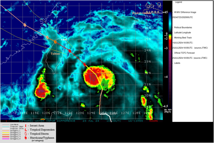 SATELLITE ANALYSIS, INITIAL POSITION AND INTENSITY DISCUSSION: ANIMATED ENHANCED INFRARED (EIR) SATELLITE IMAGERY DEPICTS TYPHOON (TY) 05W GAEMI WITH A DISTINCT PINHOLE EYE AND A LARGE REGION OF DEEP CONVECTION LOCATED TO THE SOUTH AND SOUTHWEST DUE TO MODERATE (10-15KT) VERTICAL WIND SHEAR (VWS) FROM THE NORTH, GIVING THE SYSTEM AN ASYMMETRIC APPEARANCE ON THE UPPER-LEVELS. RADAR IMAGERY INDICATES THAT THE SYSTEM IS UNDERGOING AN EYEWALL REPLACEMENT CYCLE (ERC) WITH A CONCENTRIC RING OF CONVECTION DEVELOPING AROUND THE INNER EYE. A 231433Z GMI 89GHZ IMAGE DEPICTS A MICROWAVE EYE HINTING AT THE EARLY DEVELOPMENT OF AN OUTER EYEWALL AS WELL. THE INITIAL POSITION IS PLACED WITH HIGH CONFIDENCE BASED ON THE AFOREMENTIONED ANIMATED EIR, MICROWAVE, AND RADAR IMAGERY. THE INITIAL INTENSITY OF 120 KTS IS ASSESSED WITH MEDIUM CONFIDENCE BASED ON THE AGENCY AND OBJECTIVE FIXES LISTED . SATELLITE ANALYSIS, INITIAL POSITION AND INTENSITY DISCUSSION: ANIMATED ENHANCED INFRARED (EIR) SATELLITE IMAGERY DEPICTS TYPHOON (TY) 05W GAEMI WITH A DISTINCT PINHOLE EYE AND A LARGE REGION OF DEEP CONVECTION LOCATED TO THE SOUTH AND SOUTHWEST DUE TO MODERATE (10-15KT) VERTICAL WIND SHEAR (VWS) FROM THE NORTH, GIVING THE SYSTEM AN ASYMMETRIC APPEARANCE ON THE UPPER-LEVELS. RADAR IMAGERY INDICATES THAT THE SYSTEM IS UNDERGOING AN EYEWALL REPLACEMENT CYCLE (ERC) WITH A CONCENTRIC RING OF CONVECTION DEVELOPING AROUND THE INNER EYE. A 231433Z GMI 89GHZ IMAGE DEPICTS A MICROWAVE EYE HINTING AT THE EARLY DEVELOPMENT OF AN OUTER EYEWALL AS WELL. THE INITIAL POSITION IS PLACED WITH HIGH CONFIDENCE BASED ON THE AFOREMENTIONED ANIMATED EIR, MICROWAVE, AND RADAR IMAGERY. THE INITIAL INTENSITY OF 120 KTS IS ASSESSED WITH MEDIUM CONFIDENCE BASED ON THE AGENCY AND OBJECTIVE FIXES LISTED .
