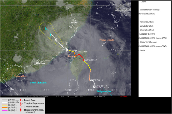 SATELLITE ANALYSIS, INITIAL POSITION AND INTENSITY DISCUSSION: ANIMATED MULTISPECTRAL SATELLITE IMAGERY (MSI) DEPICTS TROPICAL STORM (TS) 05W (GAEMI) ABOUT 40 NM OFFSHORE OF EASTERN CHINA WITH A QUICKLY DETERIORATING CONVECTIVE STRUCTURE. INSTEAD OF TIGHTLY WRAPPING INTO THE SYSTEM, THE CONVECTIVE BANDING IS STARTING TO DRIFT AWAY FROM THE LOW-LEVEL CIRCULATION CENTER (LLCC). OBSERVATIONS NEAR THE COAST OF CHINA OF AROUND 25 KTS REVEAL THAT THE WIND FIELD OF 05W HAS BECOME VERY LOPSIDED. MUCH WEAKER WINDS ARE PRESENT IN THE NORTHWESTERN QUADRANT THAN ELSEWHERE, SHOWING THE INFLUENCE LAND INTERACTION IS HAVING ON THE SYSTEM. ENVIRONMENTAL CHARACTERISTICS INCLUDE: MODERATE RADIAL OUTFLOW ALOFT, MODERATE VERTICAL WIND SHEAR, AND WARM SEA SURFACE TEMPERATURES. THESE FACTORS ARE HIGHLY OFFSET BY THE EXTENSIVE LAND INTERACTION ON THE VORTEX, CAUSING THE ENVIRONMENT TO BE UNFAVORABLE FOR ANY FURTHER DEVELOPMENT. THE INITIAL POSITION IS PLACED WITH HIGH CONFIDENCE BASED ON THE LLCC PEAKING THROUGH THE DRIFTING DEEP CONVECTION AS SEEN IN THE ANIMATED MSI. THE INITIAL INTENSITY OF 60 KTS IS ASSESSED WITH MEDIUM CONFIDENCE BASED ON THE OBJECTIVE AND SUBJECTIVE INTENSITY ESTIMATES LISTED BELOW. SATELLITE ANALYSIS, INITIAL POSITION AND INTENSITY DISCUSSION: ANIMATED MULTISPECTRAL SATELLITE IMAGERY (MSI) DEPICTS TROPICAL STORM (TS) 05W (GAEMI) ABOUT 40 NM OFFSHORE OF EASTERN CHINA WITH A QUICKLY DETERIORATING CONVECTIVE STRUCTURE. INSTEAD OF TIGHTLY WRAPPING INTO THE SYSTEM, THE CONVECTIVE BANDING IS STARTING TO DRIFT AWAY FROM THE LOW-LEVEL CIRCULATION CENTER (LLCC). OBSERVATIONS NEAR THE COAST OF CHINA OF AROUND 25 KTS REVEAL THAT THE WIND FIELD OF 05W HAS BECOME VERY LOPSIDED. MUCH WEAKER WINDS ARE PRESENT IN THE NORTHWESTERN QUADRANT THAN ELSEWHERE, SHOWING THE INFLUENCE LAND INTERACTION IS HAVING ON THE SYSTEM. ENVIRONMENTAL CHARACTERISTICS INCLUDE: MODERATE RADIAL OUTFLOW ALOFT, MODERATE VERTICAL WIND SHEAR, AND WARM SEA SURFACE TEMPERATURES. THESE FACTORS ARE HIGHLY OFFSET BY THE EXTENSIVE LAND INTERACTION ON THE VORTEX, CAUSING THE ENVIRONMENT TO BE UNFAVORABLE FOR ANY FURTHER DEVELOPMENT. THE INITIAL POSITION IS PLACED WITH HIGH CONFIDENCE BASED ON THE LLCC PEAKING THROUGH THE DRIFTING DEEP CONVECTION AS SEEN IN THE ANIMATED MSI. THE INITIAL INTENSITY OF 60 KTS IS ASSESSED WITH MEDIUM CONFIDENCE BASED ON THE OBJECTIVE AND SUBJECTIVE INTENSITY ESTIMATES LISTED BELOW.