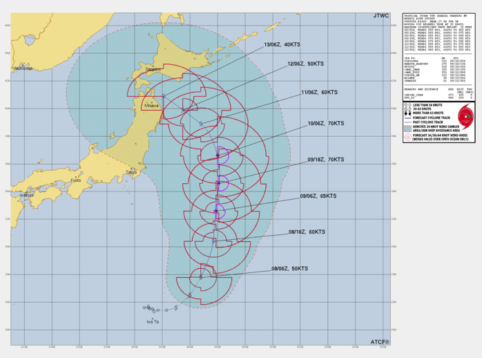 FORECAST REASONING.  SIGNIFICANT FORECAST CHANGES: THERE ARE NO SIGNIFICANT CHANGES TO THE FORECAST FROM THE PREVIOUS WARNING.  FORECAST DISCUSSION: TS 06W IS FORECAST TO CONTINUE TRACKING NORTH-NORTHEASTWARD ALONG THE WESTERN SIDE OF THE STR FOR THE NEXT 24 HOURS, BEFORE IT TURNS DUE NORTH AS THE RIDGE PATTERN REORIENTS SLIGHTLY. AN APPROACHING MID-LATITUDE TROUGH, MOVING IN RAPIDLY FROM THE WEST, WILL BREAK DOWN THE RIDGE PATTERN TO THE NORTH AND ALLOW TS 09W TO MAINTAIN A FAIR AMOUNT OF SPEED HEADING NORTHWARD THROUGH TAU 48. HOWEVER, THE TROUGH IS EXPECTED TO START TO FILL AS A ASSOCIATED JET MAX MOVES DOWNSTREAM. THIS WILL CREATE A COL-REGION DUE NORTH OF TS 09W, AND A GENERAL WEAKENING OF THE STEERING PATTERN, ALLOWING THE SYSTEM TO BEGIN SLOWING DOWN AFTER ABOUT TAU 60. THE FILLING TROUGH WILL NOT BE STRONG ENOUGH TO SEDUCE TS 09W POLEWARD BUT THE POST-TROUGH DEEP-LAYER RIDGE WHICH IS EXPECTED TO DEVELOP IN THE SEA OF JAPAN (SOJ) WILL BE. AS THE SOJ RIDGE SLIDES EASTWARD, IT IS EXPECTED TO BUILD ACROSS HOKKAIDO AND CONNECT WITH A LARGE STR POSITIONED NEAR 40N 170E. THIS WILL HAVE THE EFFECT OF BOTH SLOWING TS 09W AND TURNING IT ONTO A MORE WEST-NORTHWESTWARD TRACK AFTER TAU 72. SIGNIFICANT UNCERTAINTY EXISTS IN THE POTENTIAL TRACK OF TS 06W AS GLOBAL MODELS ARE SPLIT BETWEEN A DUE WEST TRACK AND A VERY FAST NORTHEASTWARD TRACK. IN TERMS OF INTENSITY, THE ENVIRONMENT IS OVERALL FAVORABLE FOR INTENSIFICATION, THOUGH THE PROBABILITY OF RAPID INTENSIFICATION HAS LOWERED SINCE THE PREVIOUS RUN. THERE REMAINS THE ISSUE OF THE DRY AIR TO THE WEST AND VORTEX CONSOLIDATION, WHICH IS STILL OCCURRING. THE FORECAST CALLS FOR STEADY, BUT NOT RAPID, INTENSIFICATION TO A PEAK OF 70 KNOTS BY TAU 36, FOLLOWED BY STEADY WEAKENING AS THE SYSTEM MOVES OVER COOLER WATERS, UPPER-LEVEL FLOW BECOMES CONVERGENT OR WEAK AND DRY AIR MOVES IN TO ENCIRCLE THE CORE. FORECAST REASONING.  SIGNIFICANT FORECAST CHANGES: THERE ARE NO SIGNIFICANT CHANGES TO THE FORECAST FROM THE PREVIOUS WARNING.  FORECAST DISCUSSION: TS 06W IS FORECAST TO CONTINUE TRACKING NORTH-NORTHEASTWARD ALONG THE WESTERN SIDE OF THE STR FOR THE NEXT 24 HOURS, BEFORE IT TURNS DUE NORTH AS THE RIDGE PATTERN REORIENTS SLIGHTLY. AN APPROACHING MID-LATITUDE TROUGH, MOVING IN RAPIDLY FROM THE WEST, WILL BREAK DOWN THE RIDGE PATTERN TO THE NORTH AND ALLOW TS 09W TO MAINTAIN A FAIR AMOUNT OF SPEED HEADING NORTHWARD THROUGH TAU 48. HOWEVER, THE TROUGH IS EXPECTED TO START TO FILL AS A ASSOCIATED JET MAX MOVES DOWNSTREAM. THIS WILL CREATE A COL-REGION DUE NORTH OF TS 09W, AND A GENERAL WEAKENING OF THE STEERING PATTERN, ALLOWING THE SYSTEM TO BEGIN SLOWING DOWN AFTER ABOUT TAU 60. THE FILLING TROUGH WILL NOT BE STRONG ENOUGH TO SEDUCE TS 09W POLEWARD BUT THE POST-TROUGH DEEP-LAYER RIDGE WHICH IS EXPECTED TO DEVELOP IN THE SEA OF JAPAN (SOJ) WILL BE. AS THE SOJ RIDGE SLIDES EASTWARD, IT IS EXPECTED TO BUILD ACROSS HOKKAIDO AND CONNECT WITH A LARGE STR POSITIONED NEAR 40N 170E. THIS WILL HAVE THE EFFECT OF BOTH SLOWING TS 09W AND TURNING IT ONTO A MORE WEST-NORTHWESTWARD TRACK AFTER TAU 72. SIGNIFICANT UNCERTAINTY EXISTS IN THE POTENTIAL TRACK OF TS 06W AS GLOBAL MODELS ARE SPLIT BETWEEN A DUE WEST TRACK AND A VERY FAST NORTHEASTWARD TRACK. IN TERMS OF INTENSITY, THE ENVIRONMENT IS OVERALL FAVORABLE FOR INTENSIFICATION, THOUGH THE PROBABILITY OF RAPID INTENSIFICATION HAS LOWERED SINCE THE PREVIOUS RUN. THERE REMAINS THE ISSUE OF THE DRY AIR TO THE WEST AND VORTEX CONSOLIDATION, WHICH IS STILL OCCURRING. THE FORECAST CALLS FOR STEADY, BUT NOT RAPID, INTENSIFICATION TO A PEAK OF 70 KNOTS BY TAU 36, FOLLOWED BY STEADY WEAKENING AS THE SYSTEM MOVES OVER COOLER WATERS, UPPER-LEVEL FLOW BECOMES CONVERGENT OR WEAK AND DRY AIR MOVES IN TO ENCIRCLE THE CORE.