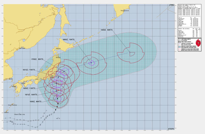FORECAST REASONING. SIGNIFICANT FORECAST CHANGES: TYPHOON (TY) 08W IS NOW FORECAST TO UNDERGO A PERIOD OF RAPID INTENSIFICATION (RI) DURING THE FIRST 24 HOURS OF THE FORECAST TO A PEAK OF 115KTS WHICH WAS NOT REFLECTED IN THE PREVIOUS WARNING. FORECAST DISCUSSION: TY 08W IS FORECAST TO TRACK NORTHWARD THROUGH THE FIRST 24 HOURS OF THE FORECAST PERIOD BEFORE ROUNDING THE WESTERN PERIPHERY OF THE STR TO THE EAST FROM TAU 36-48. AFTER ROUNDING THE RIDGE, TY 08W WILL TRACK DUE EAST-NORTHEAST THROUGH THE REMAINDER OF THE FORECAST. RAPID INTENSIFICATION IS FORECAST TO OCCUR TO A PEAK OF 115KTS BY TAU 24 AND MAY REACH A HIGHER PEAK BETWEEN TAU 24-36 THAT IS NOT REFLECTED IN THE FORECAST WARNING. AFTER TAU 36, TY 08W WILL BECOME INFLUENCED BY MODERATE VERTICAL WIND SHEAR AND A BRIEF PERIOD OF NEGATIVE UPPER-LEVEL CONVERGENCE WHICH WILL INITIATE WEAKENING. DESPITE THE UPPER-LEVEL ENVIRONMENT IMPROVING BY TAU 48, VERTICAL WIND SHEAR WILL BECOME HIGHLY UNFAVORABLE BETWEEN TAU 48-60 AS THE SYSTEM TRACKS INTO UNFAVORABLE SEA SURFACE TEMPERATURES THAT ARE BELOW 26 DEGREES. THE COOLER SEA SURFACE TEMPERATURES AND BAROCLINIC ENVIRONMENT WILL INITIATE EXTRATROPICAL TRANSITION BETWEEN TAU 60-72, WHICH WILL LEAD TO TY 08W BECOMING FULLY EXTRATROPICAL BY TAU 96. FORECAST REASONING. SIGNIFICANT FORECAST CHANGES: TYPHOON (TY) 08W IS NOW FORECAST TO UNDERGO A PERIOD OF RAPID INTENSIFICATION (RI) DURING THE FIRST 24 HOURS OF THE FORECAST TO A PEAK OF 115KTS WHICH WAS NOT REFLECTED IN THE PREVIOUS WARNING. FORECAST DISCUSSION: TY 08W IS FORECAST TO TRACK NORTHWARD THROUGH THE FIRST 24 HOURS OF THE FORECAST PERIOD BEFORE ROUNDING THE WESTERN PERIPHERY OF THE STR TO THE EAST FROM TAU 36-48. AFTER ROUNDING THE RIDGE, TY 08W WILL TRACK DUE EAST-NORTHEAST THROUGH THE REMAINDER OF THE FORECAST. RAPID INTENSIFICATION IS FORECAST TO OCCUR TO A PEAK OF 115KTS BY TAU 24 AND MAY REACH A HIGHER PEAK BETWEEN TAU 24-36 THAT IS NOT REFLECTED IN THE FORECAST WARNING. AFTER TAU 36, TY 08W WILL BECOME INFLUENCED BY MODERATE VERTICAL WIND SHEAR AND A BRIEF PERIOD OF NEGATIVE UPPER-LEVEL CONVERGENCE WHICH WILL INITIATE WEAKENING. DESPITE THE UPPER-LEVEL ENVIRONMENT IMPROVING BY TAU 48, VERTICAL WIND SHEAR WILL BECOME HIGHLY UNFAVORABLE BETWEEN TAU 48-60 AS THE SYSTEM TRACKS INTO UNFAVORABLE SEA SURFACE TEMPERATURES THAT ARE BELOW 26 DEGREES. THE COOLER SEA SURFACE TEMPERATURES AND BAROCLINIC ENVIRONMENT WILL INITIATE EXTRATROPICAL TRANSITION BETWEEN TAU 60-72, WHICH WILL LEAD TO TY 08W BECOMING FULLY EXTRATROPICAL BY TAU 96.